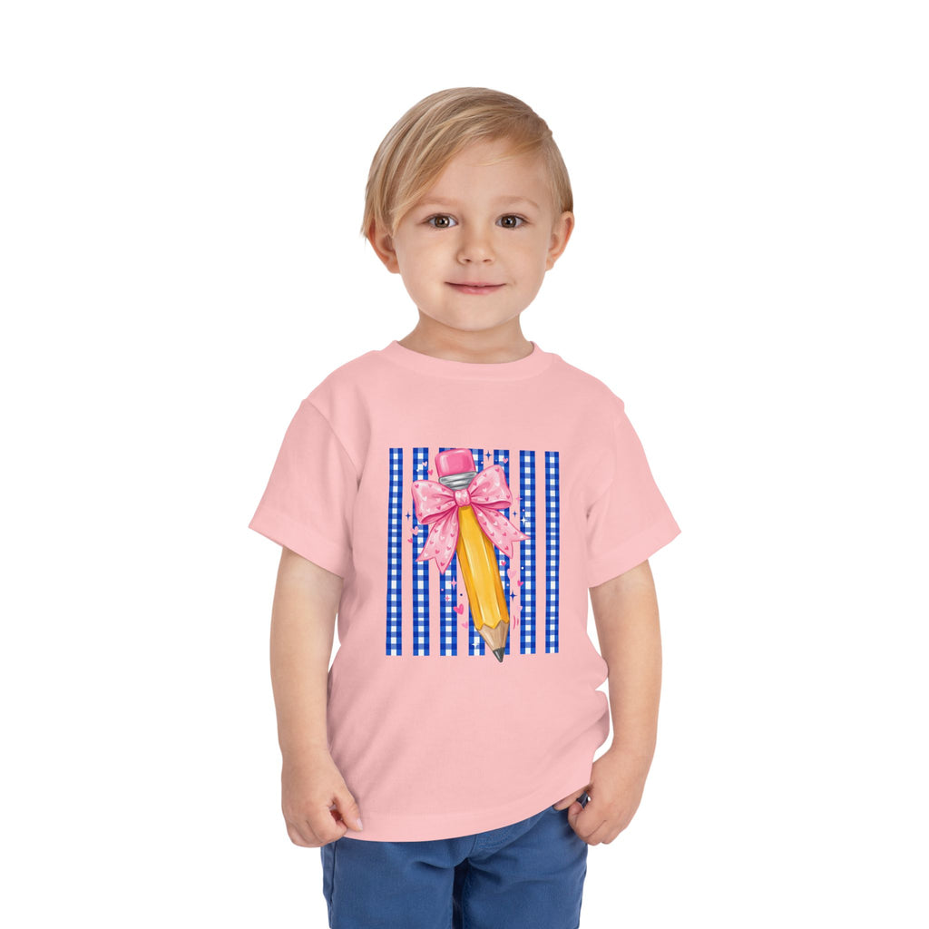 Toddler Tee — Pink Bow Pencil on Blue Striped Background