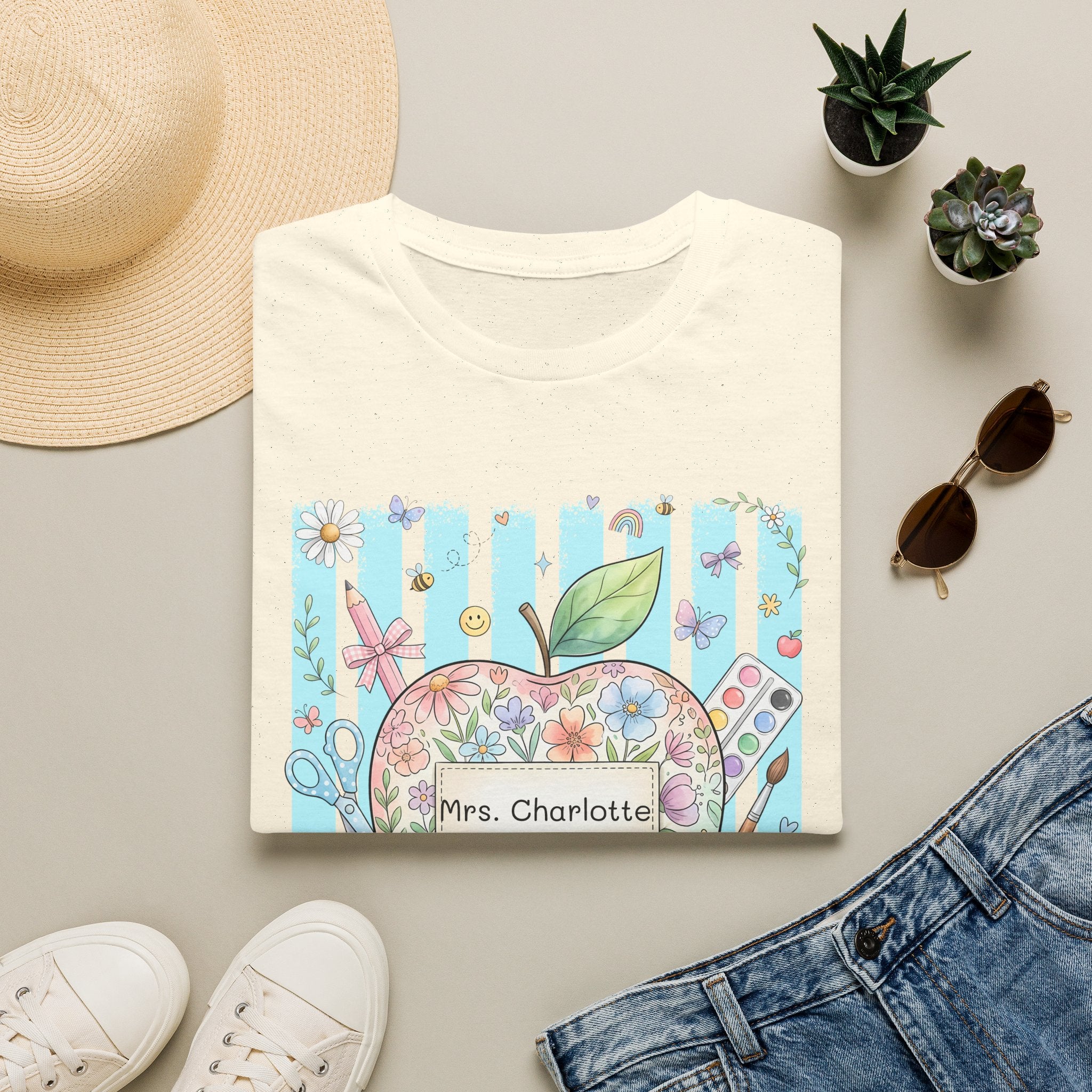 Personalized Teacher T‑Shirt — Floral Apple 'Mrs. Charlotte' Design