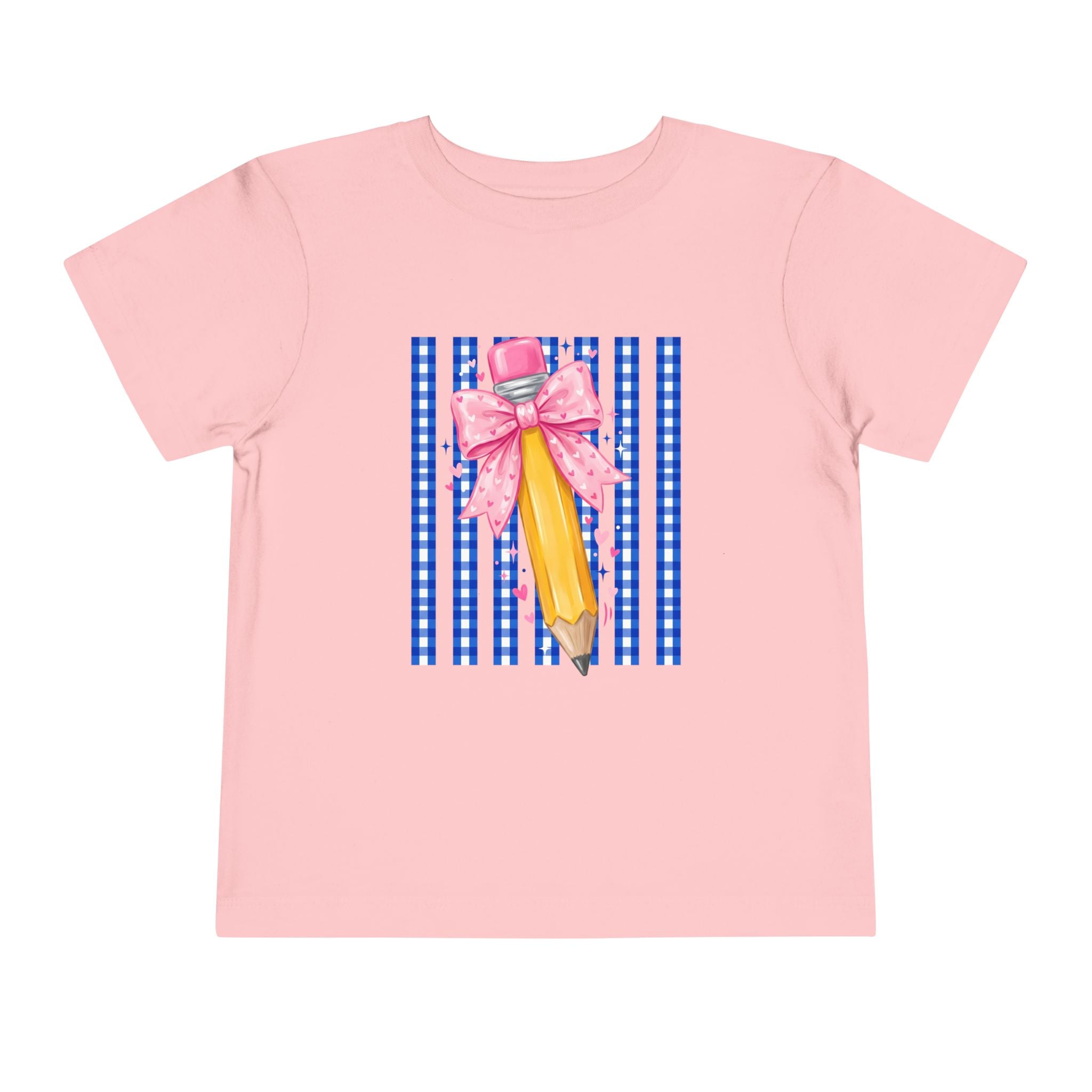 Toddler Tee — Pink Bow Pencil on Blue Striped Background