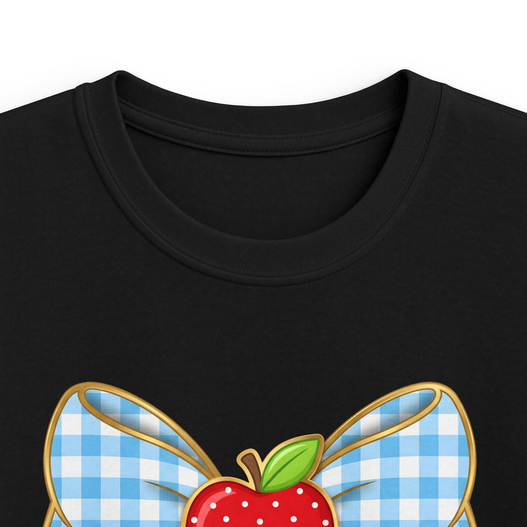 Personalized Kids Tee — Blue Gingham Bow, Apple & Pencil School Name Shirt