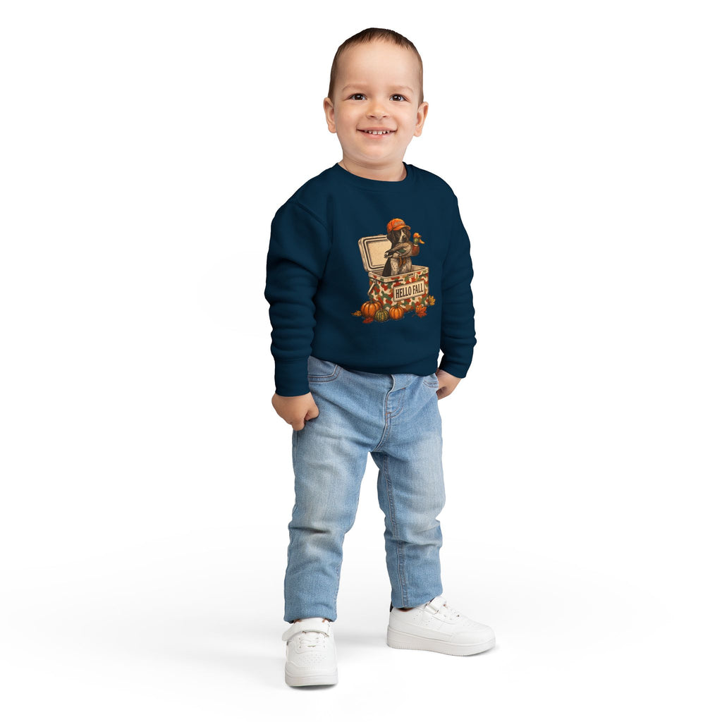 Toddler Sweatshirt — "Hello Fall" Raccoon in Pumpkin Patch | Cute Autumn Kids Pullover