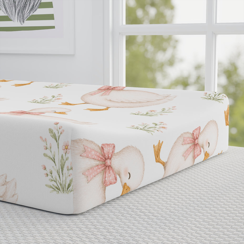 Duckling Floral Baby Changing Pad Cover — Soft Pink Swan Pattern Nursery Accessory