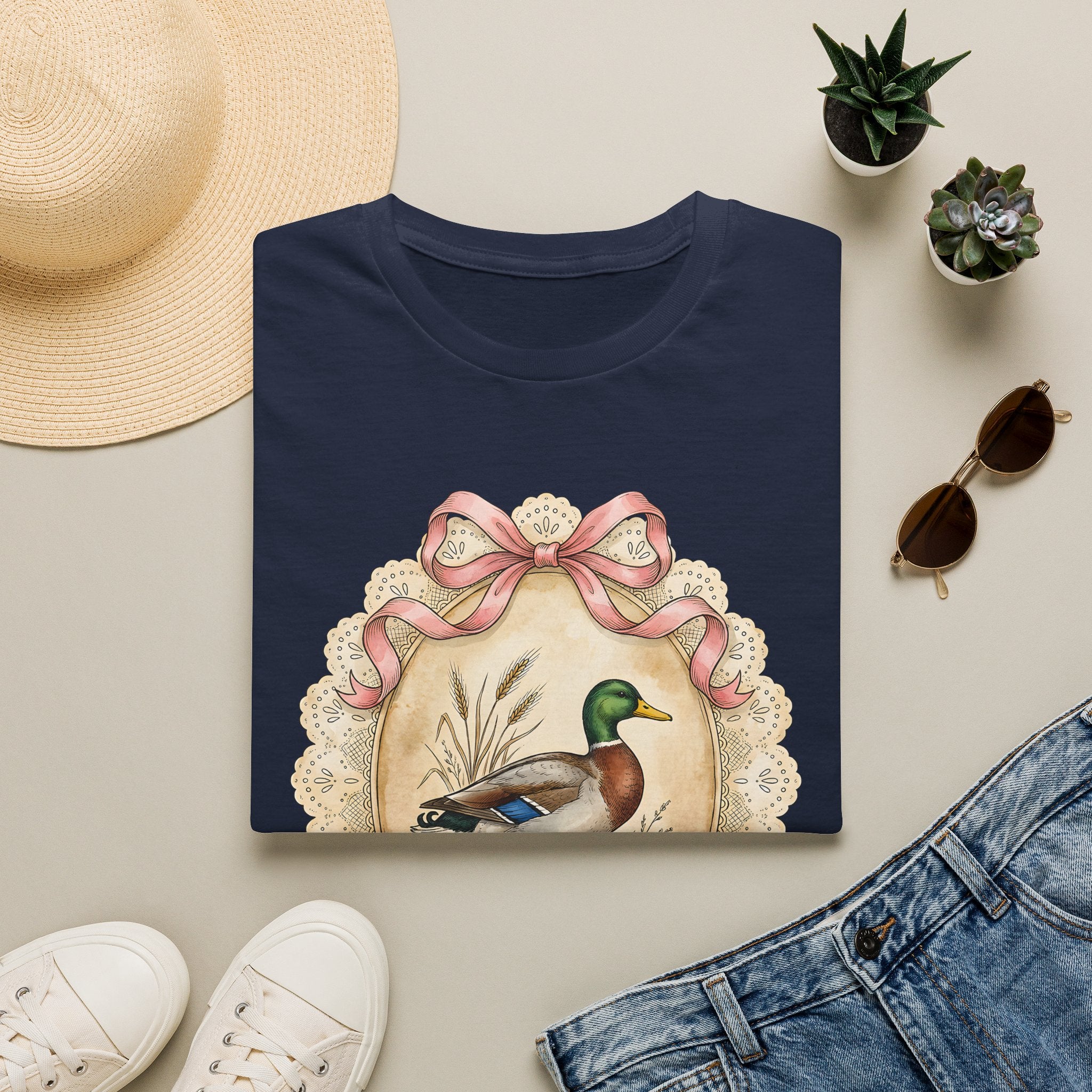 Mallard Duck Vintage Portrait T-Shirt — Pink Bow Cottagecore Tee