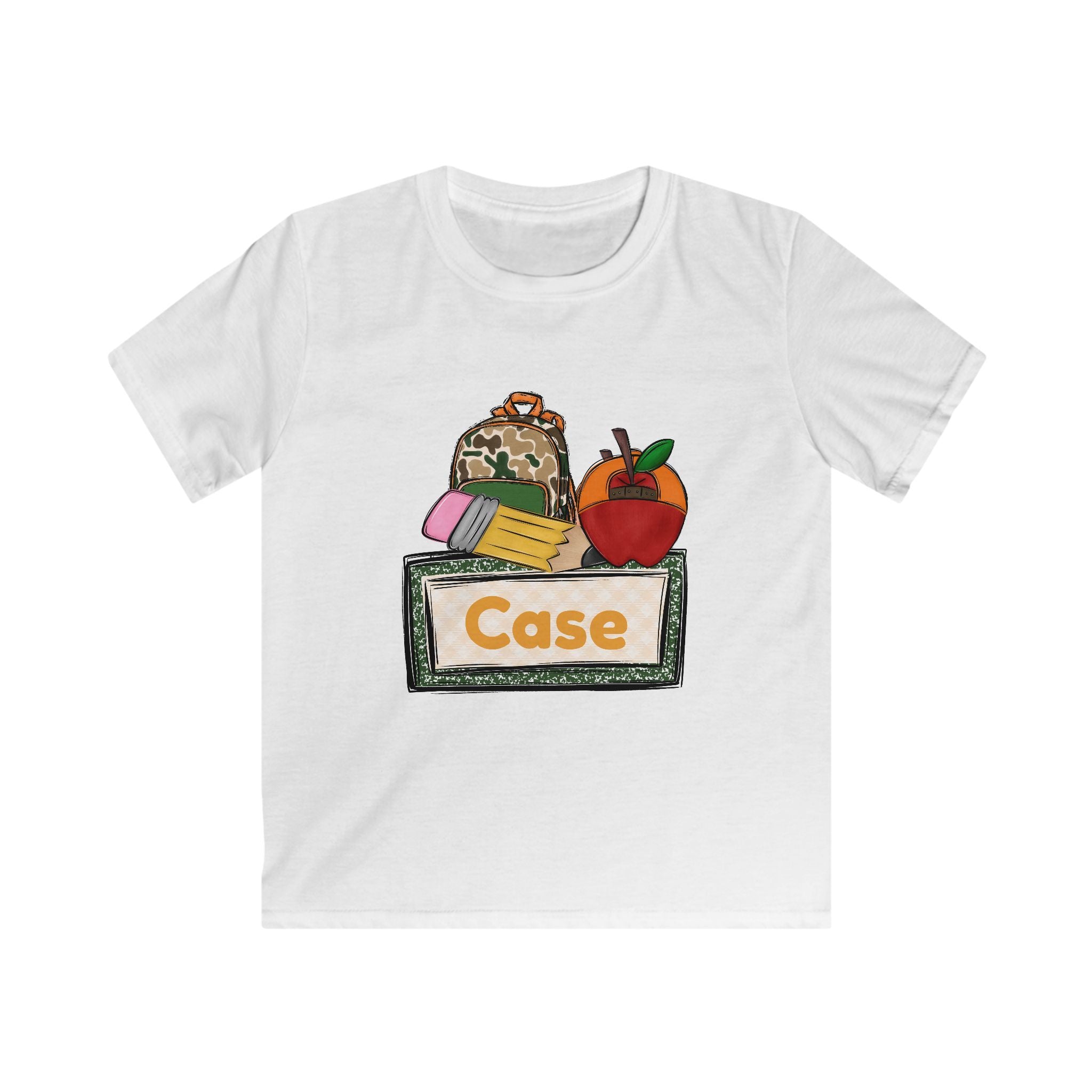 Personalized Kids T‑Shirt — Back to School Name Tee with Apple, Backpack & Supplies