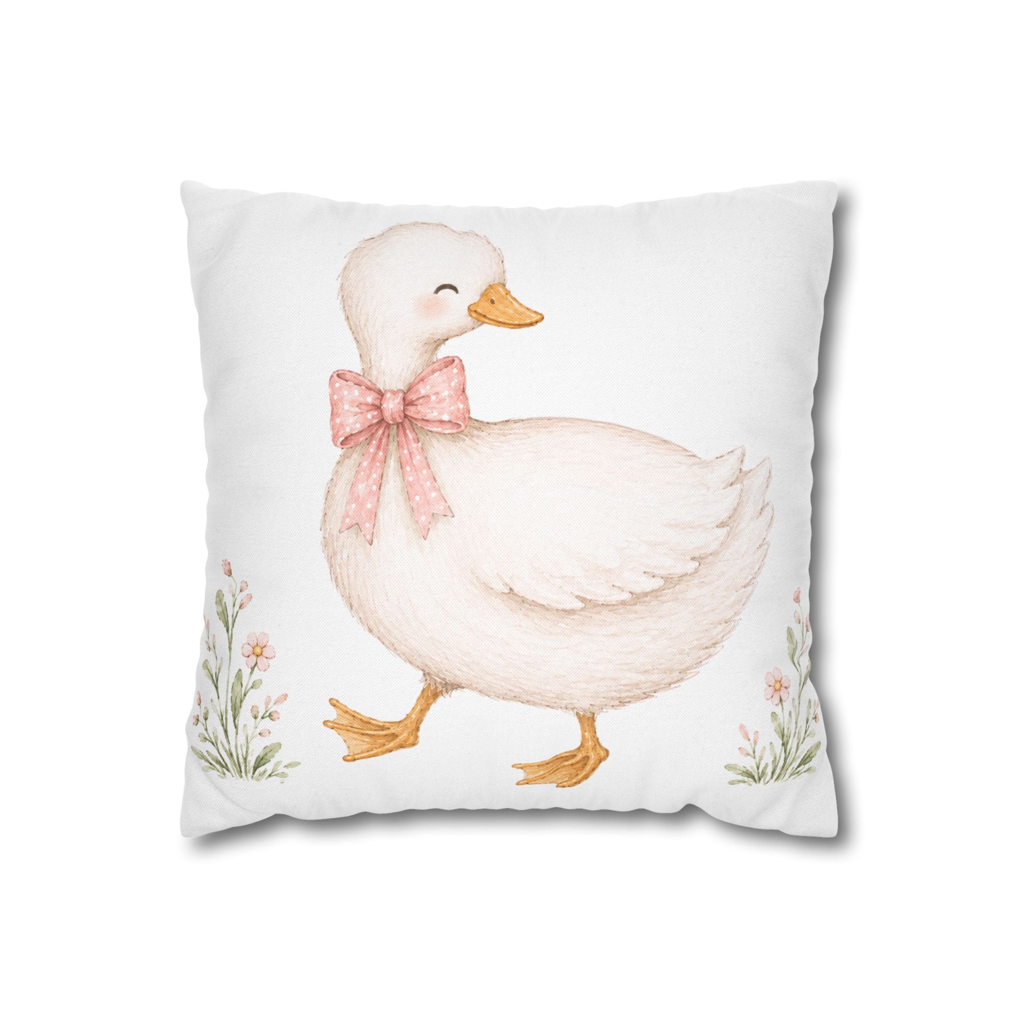 Duckling Throw Pillow – Cute Nursery Decorative Pillowcase with Pink Bow