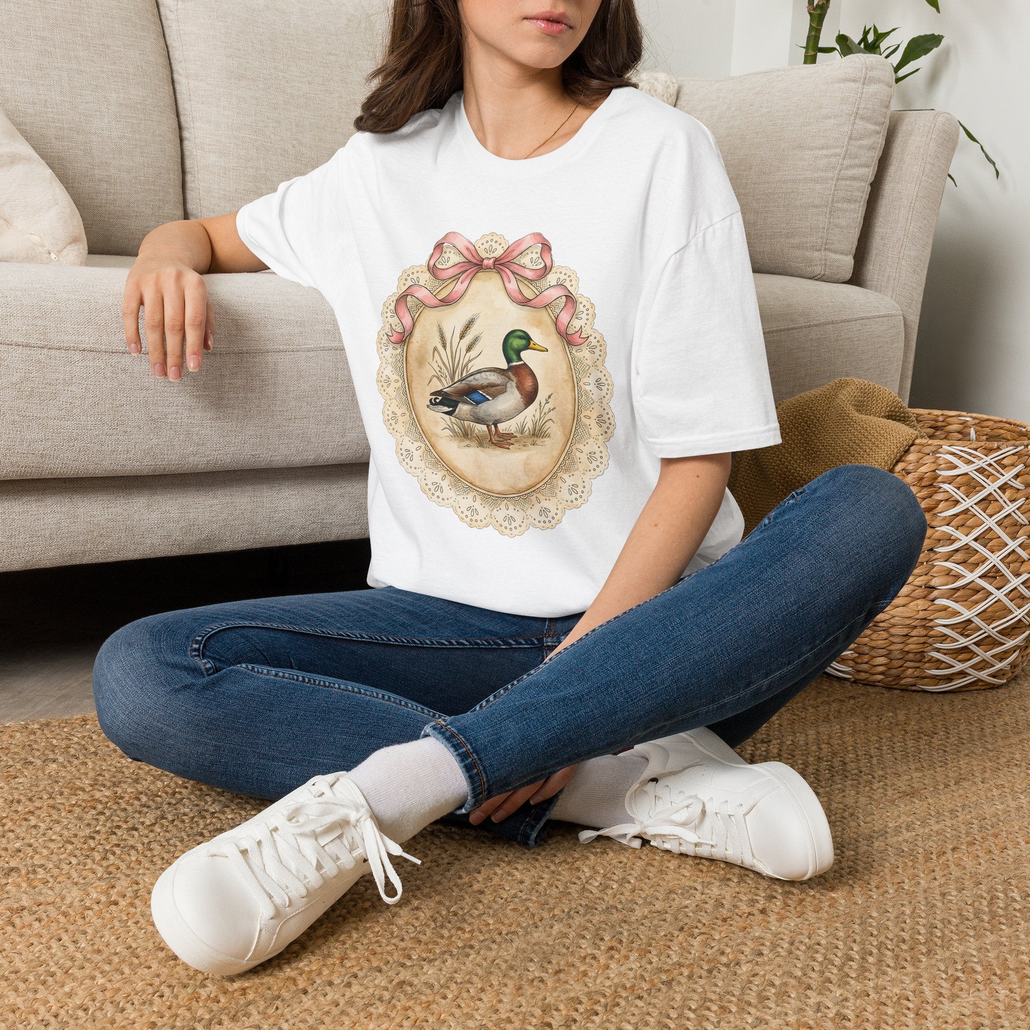 Mallard Duck Vintage Portrait T-Shirt — Pink Bow Cottagecore Tee