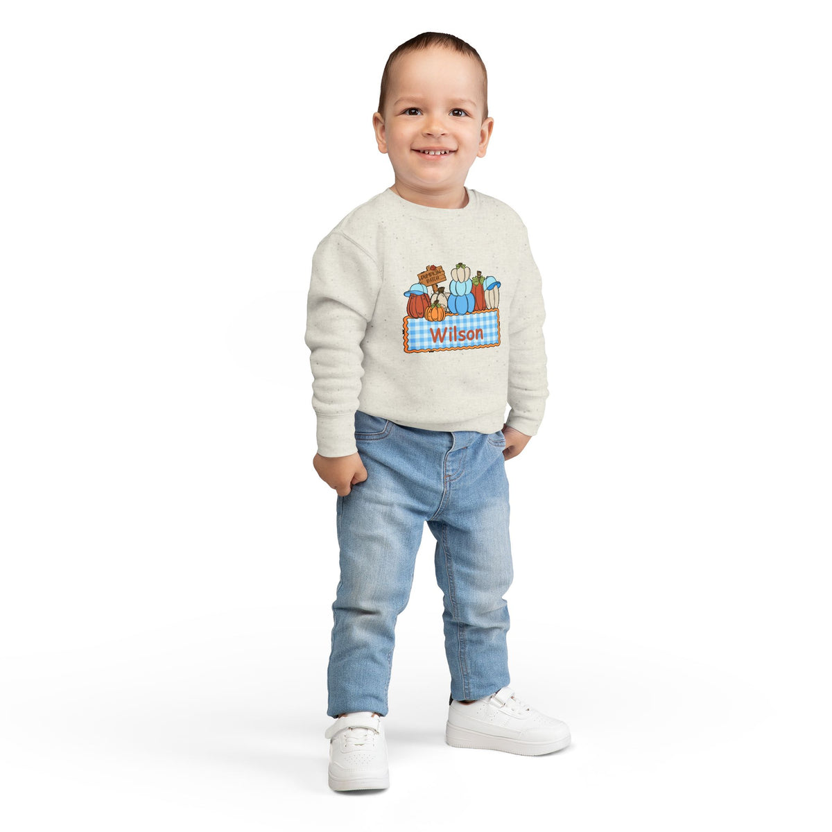 Personalized Toddler Sweatshirt — Fall Pumpkin Gingham Name Plaque