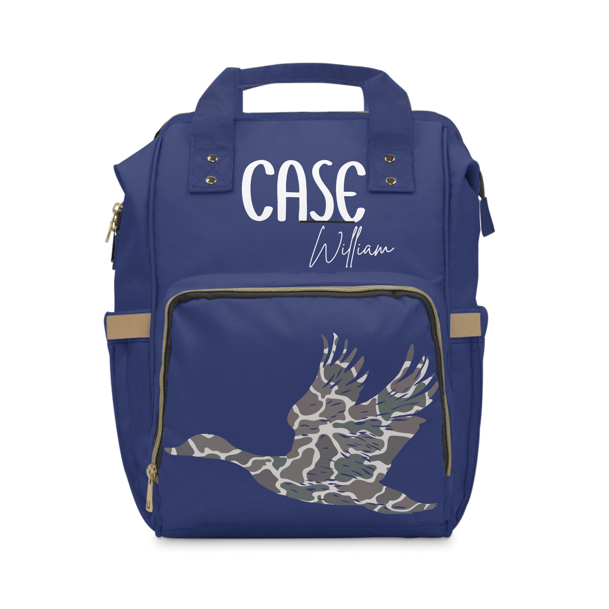 Personalized Navy Diaper Backpack – 'Case William' with Camo Flying Crane Design