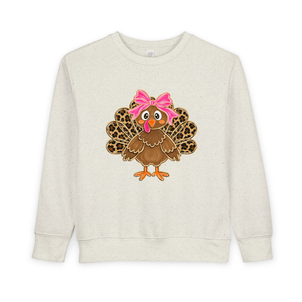 Leopard Print Turkey Toddler Sweatshirt – Cute Pink Bow Thanksgiving Pullover