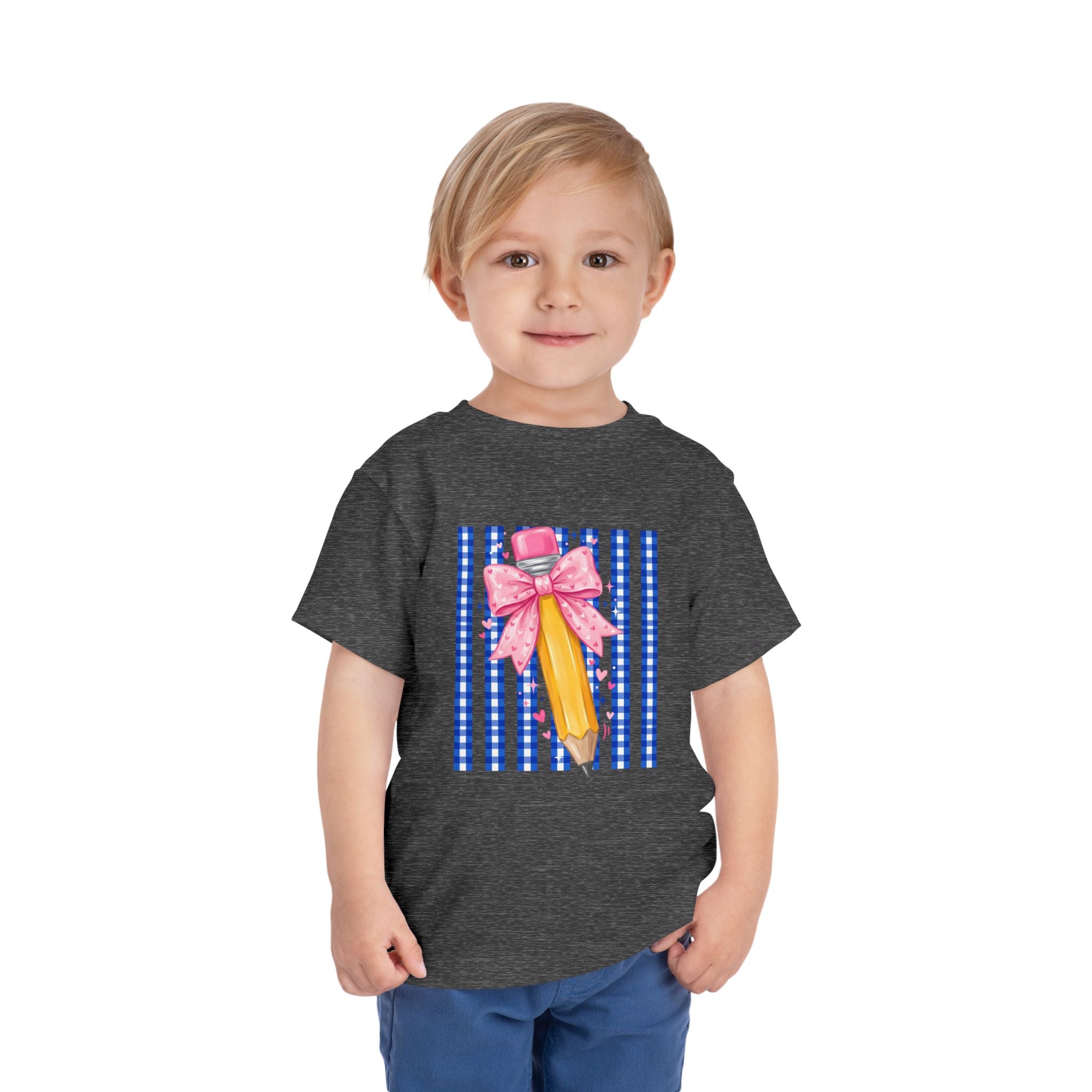 Toddler Tee — Pink Bow Pencil on Blue Striped Background