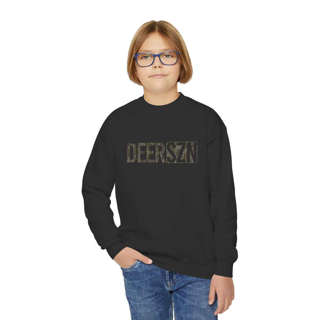 Youth Crewneck Sweatshirt — "DEERSZN" Camo Hunting Graphic