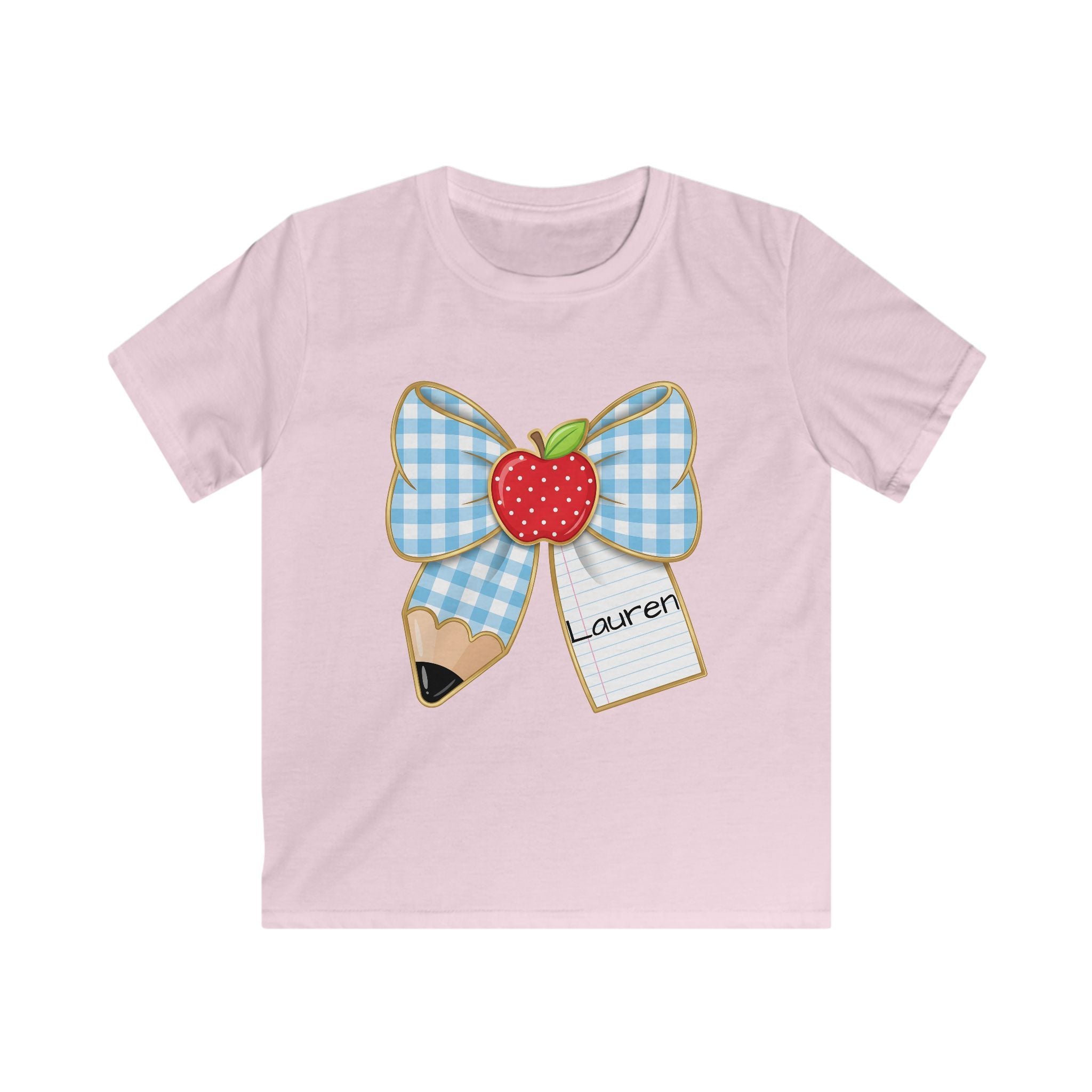 Personalized Kids Tee — Blue Gingham Bow, Apple & Pencil School Name Shirt