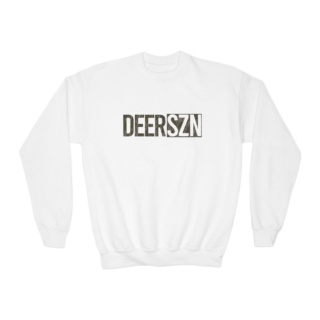 Youth Crewneck Sweatshirt — "DEERSZN" Camo Hunting Graphic