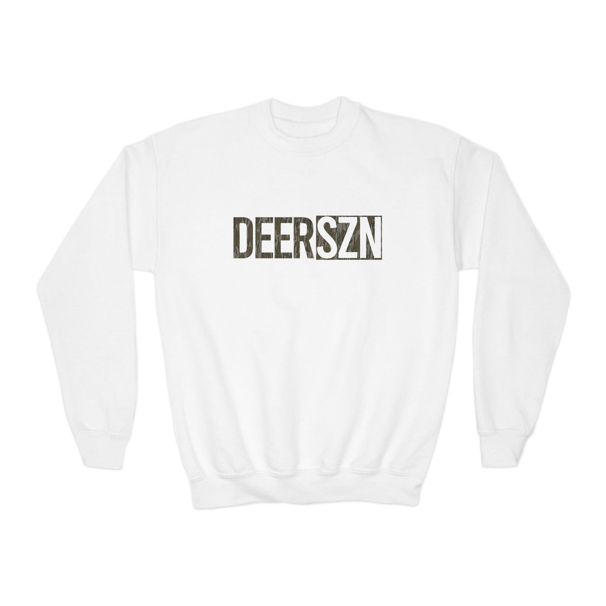 Youth Crewneck Sweatshirt — "DEERSZN" Camo Hunting Graphic