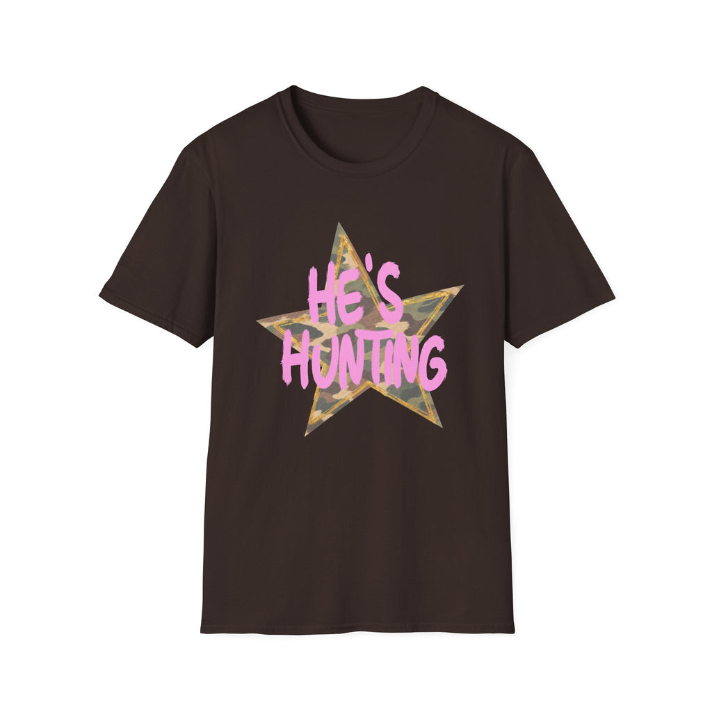 He's Hunting Star T-Shirt — Camo Star Graphic with Pink Text