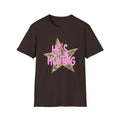 He's Hunting Star T-Shirt — Camo Star Graphic with Pink Text