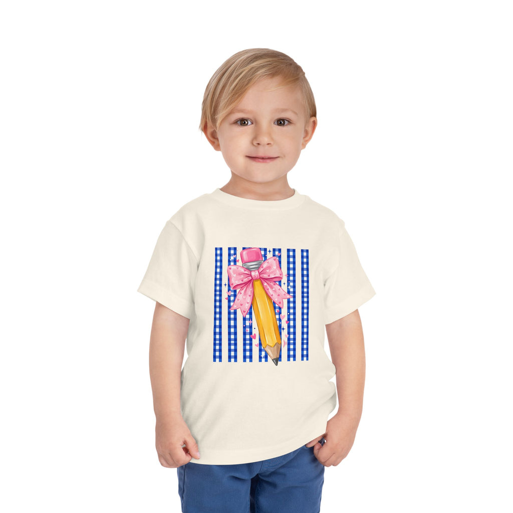 Toddler Tee — Pink Bow Pencil on Blue Striped Background