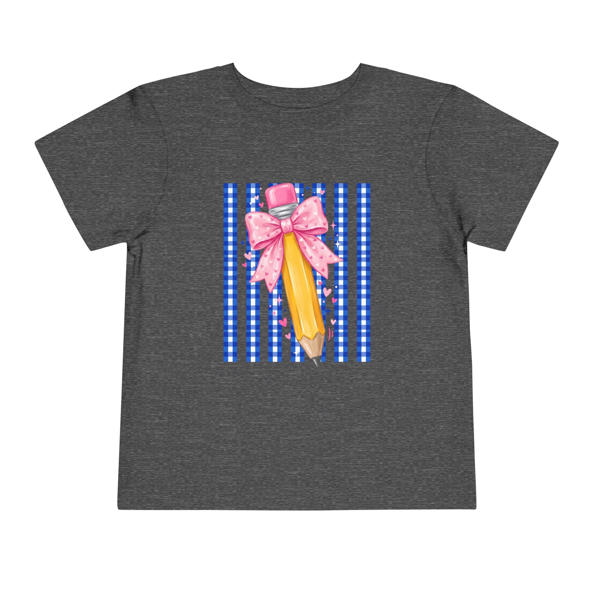 Toddler Tee — Pink Bow Pencil on Blue Striped Background
