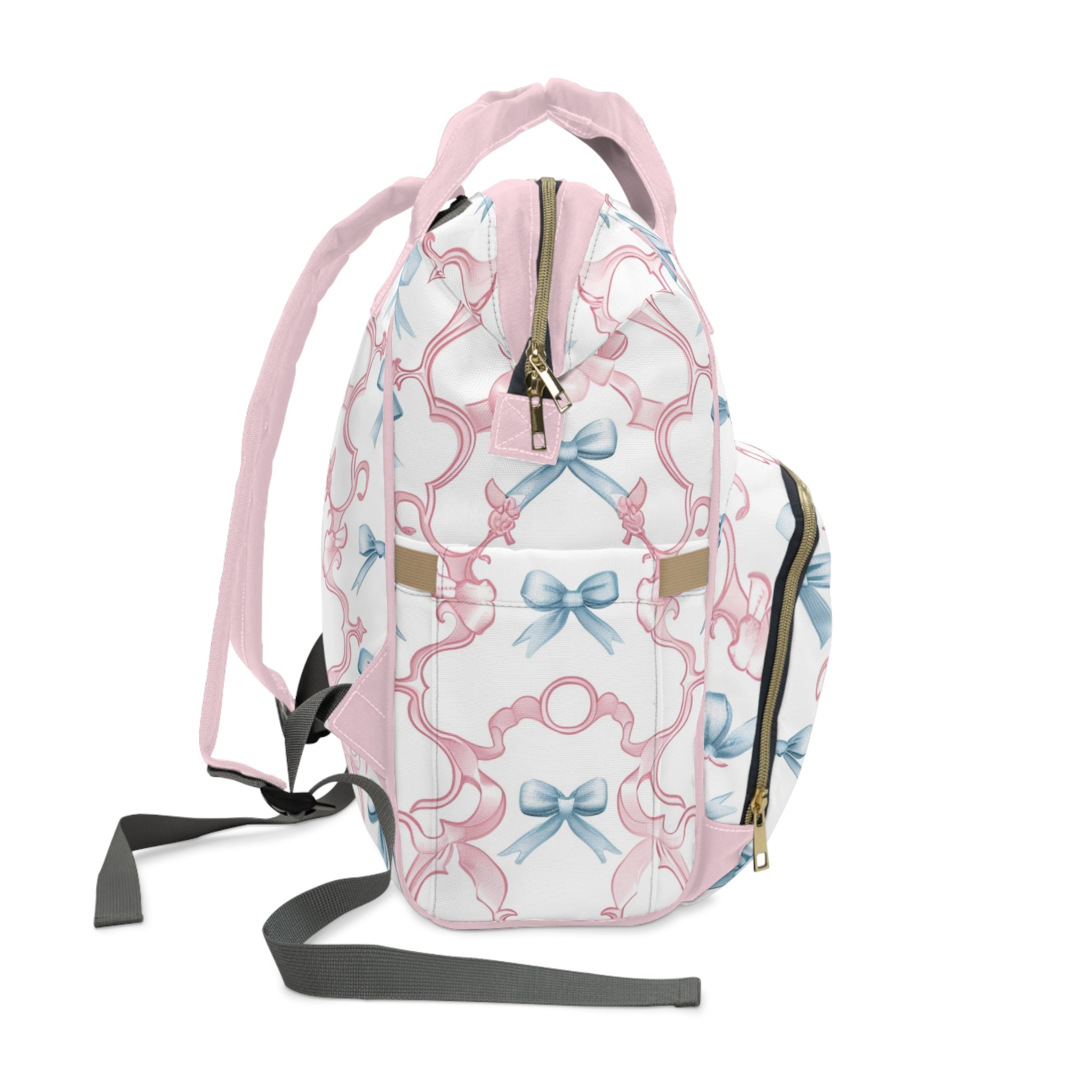 Pastel Bow Diaper Backpack – Multifunctional Baby Bag with Pink & Blue Ribbon Pattern