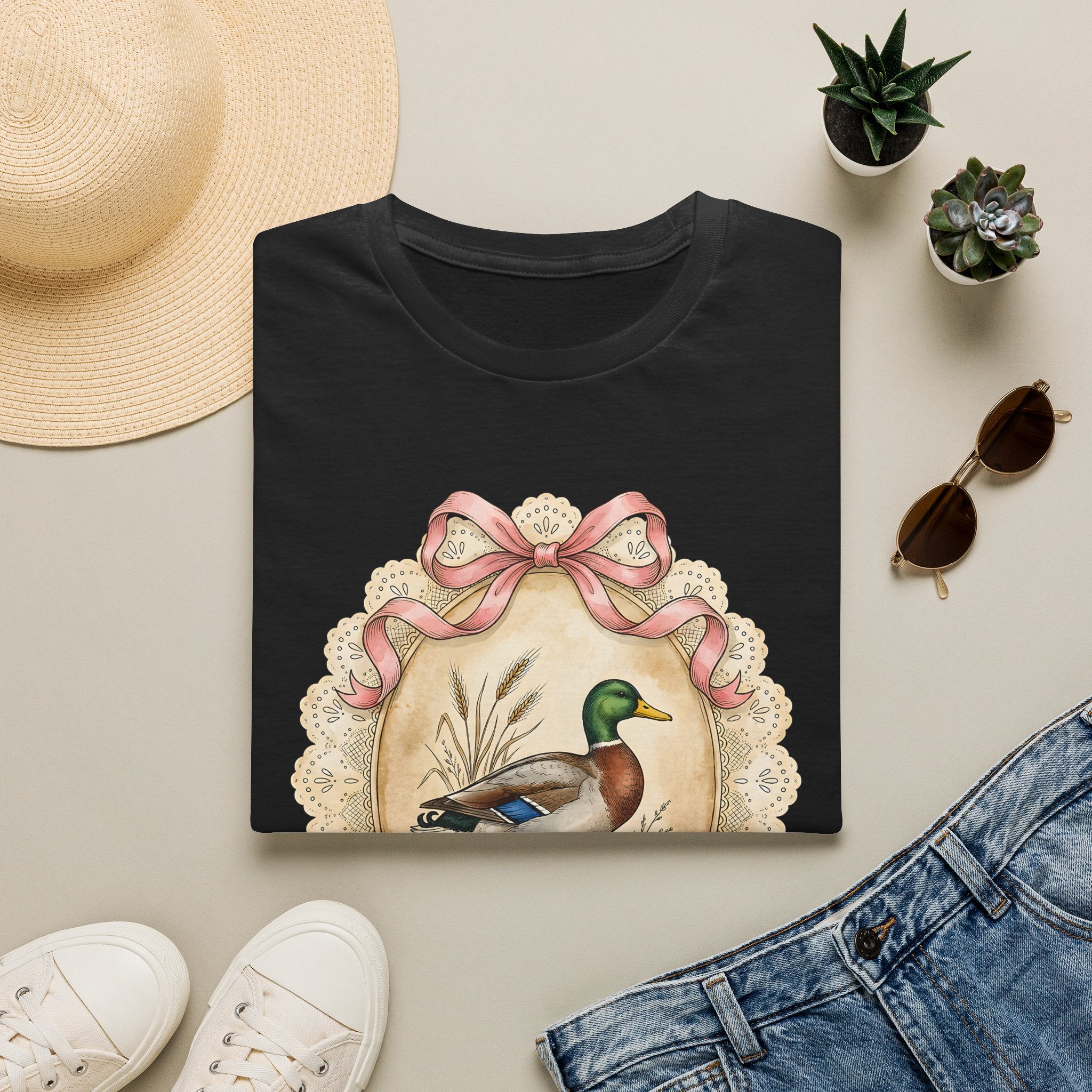 Mallard Duck Vintage Portrait T-Shirt — Pink Bow Cottagecore Tee