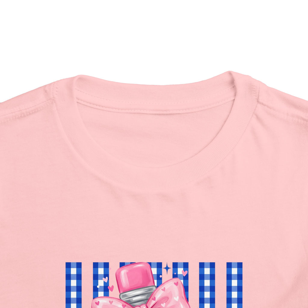 Toddler Tee — Pink Bow Pencil on Blue Striped Background