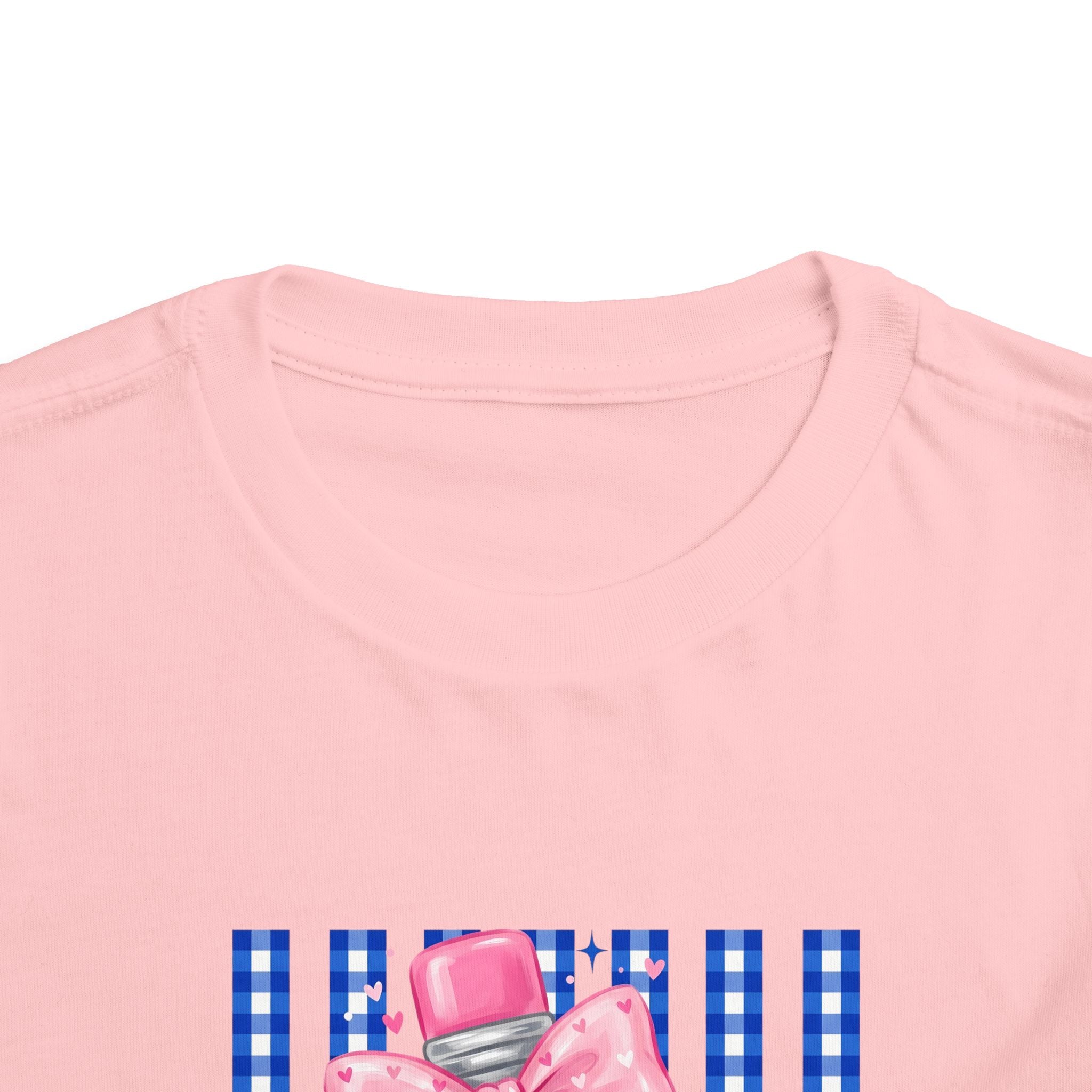 Toddler Tee — Pink Bow Pencil on Blue Striped Background