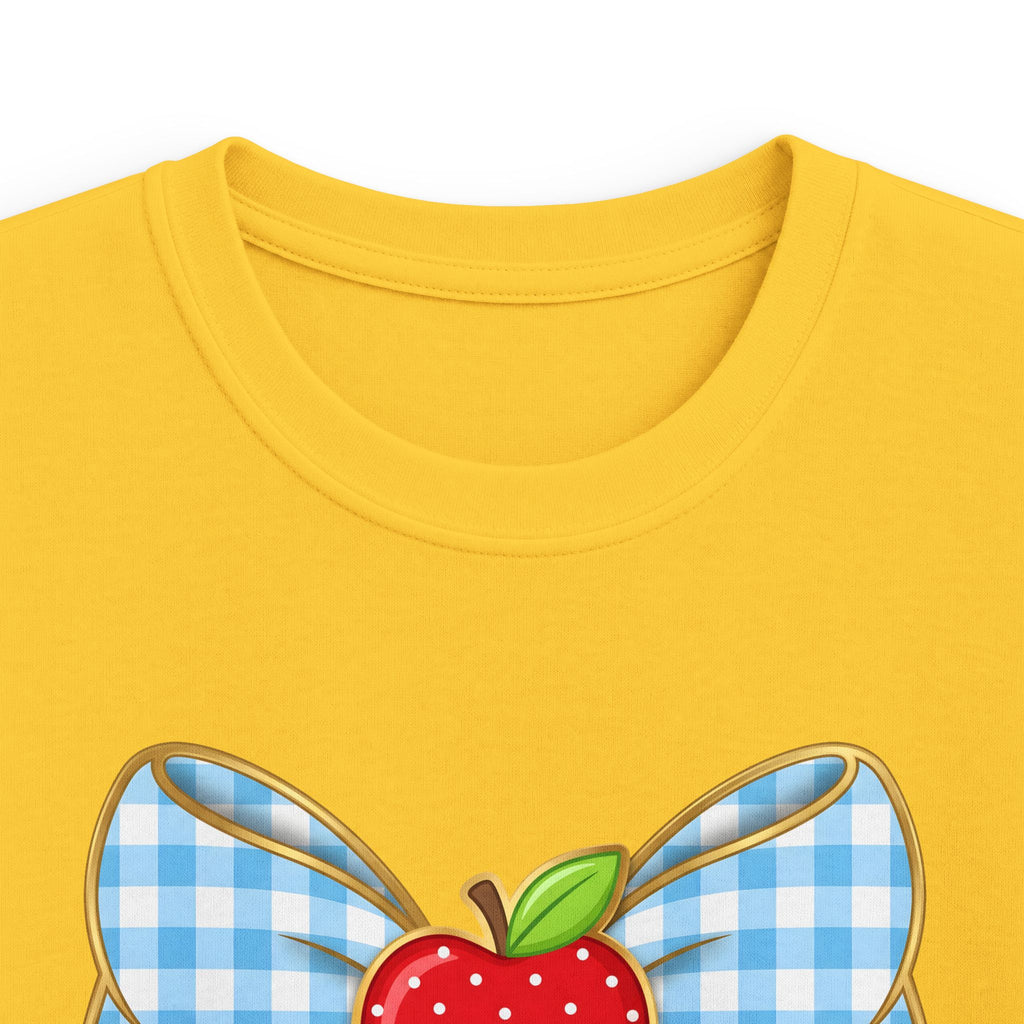 Personalized Kids Tee — Blue Gingham Bow, Apple & Pencil School Name Shirt