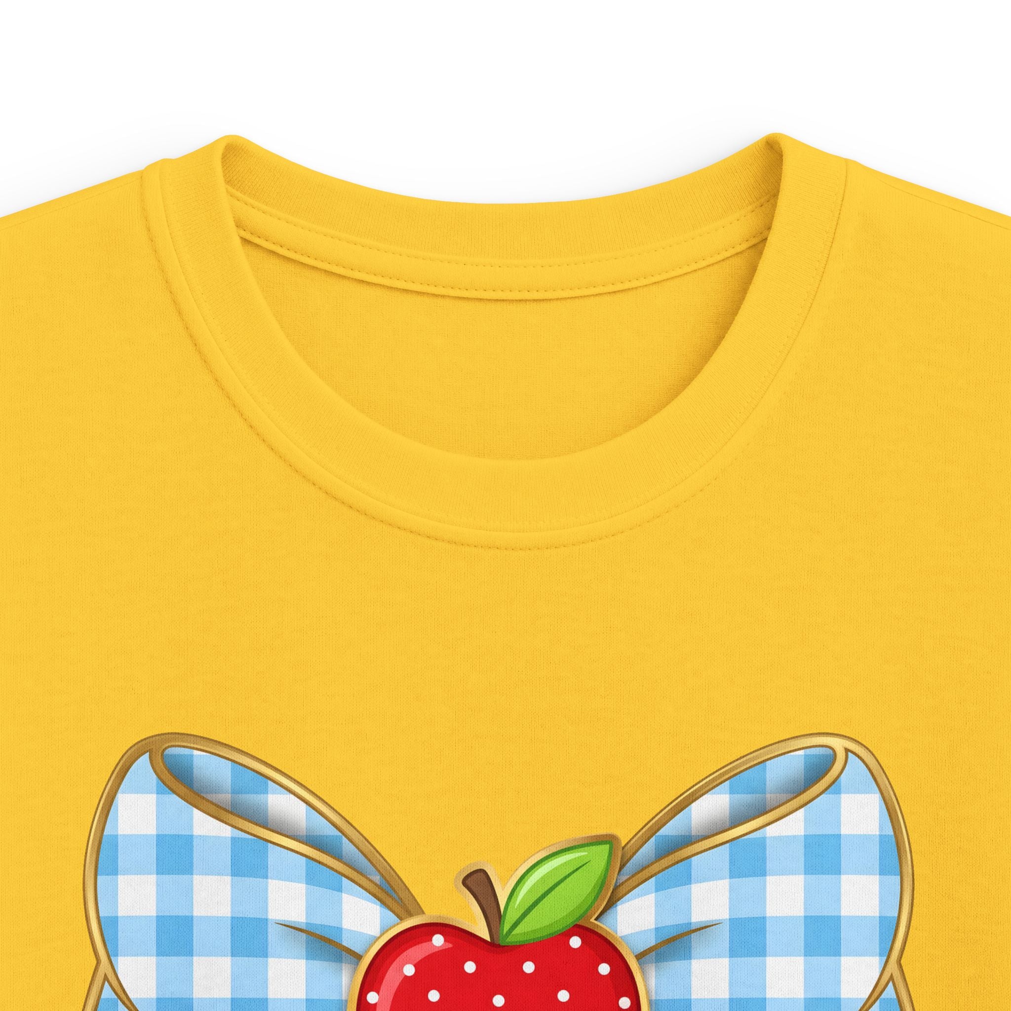 Personalized Kids Tee — Blue Gingham Bow, Apple & Pencil School Name Shirt