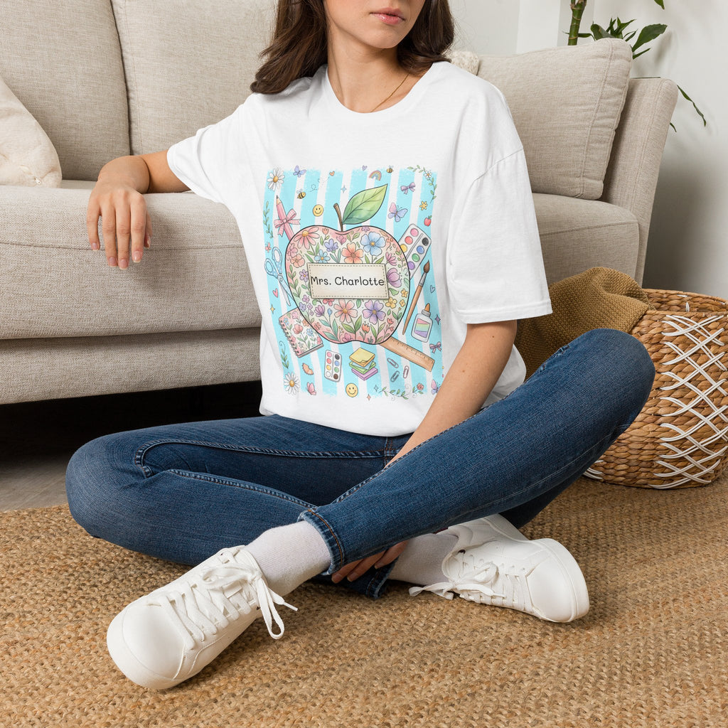 Personalized Teacher T‑Shirt — Floral Apple 'Mrs. Charlotte' Design