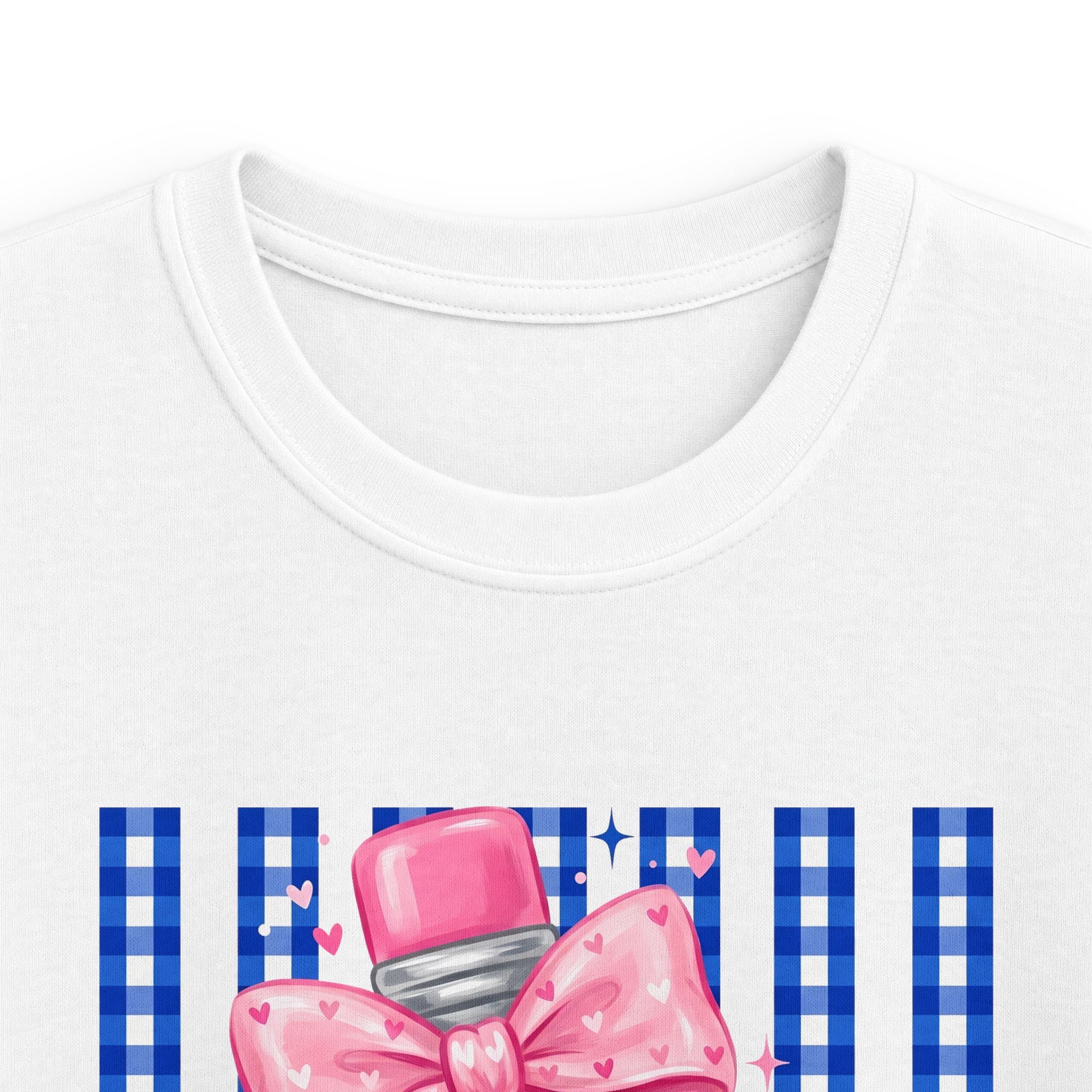 Kids Tee — Yellow Pencil with Pink Bow on Blue Gingham Back-to-School Shirt
