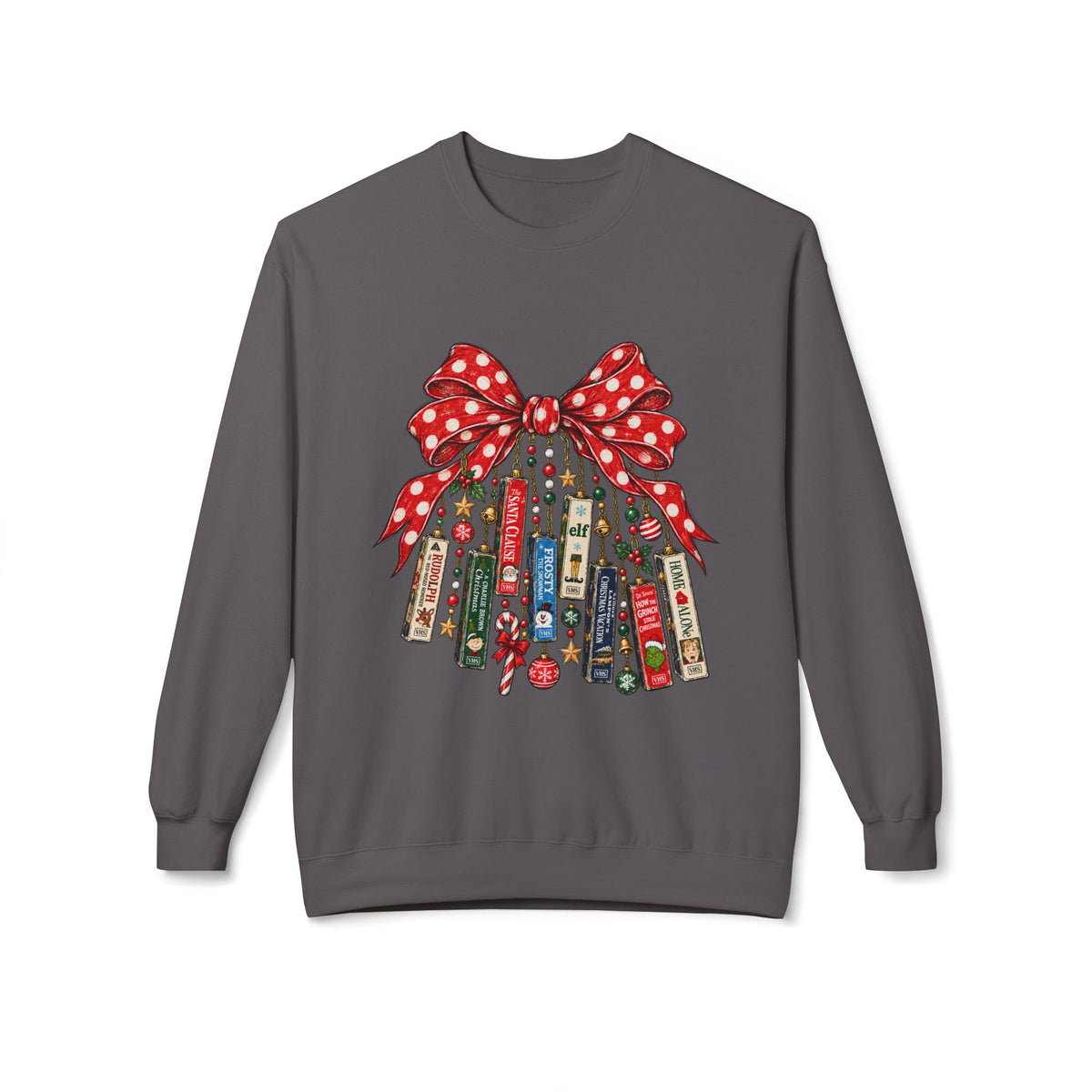 Holiday Book Lover Sweatshirt — Stacked Books Ornament with Polka Dot Bow