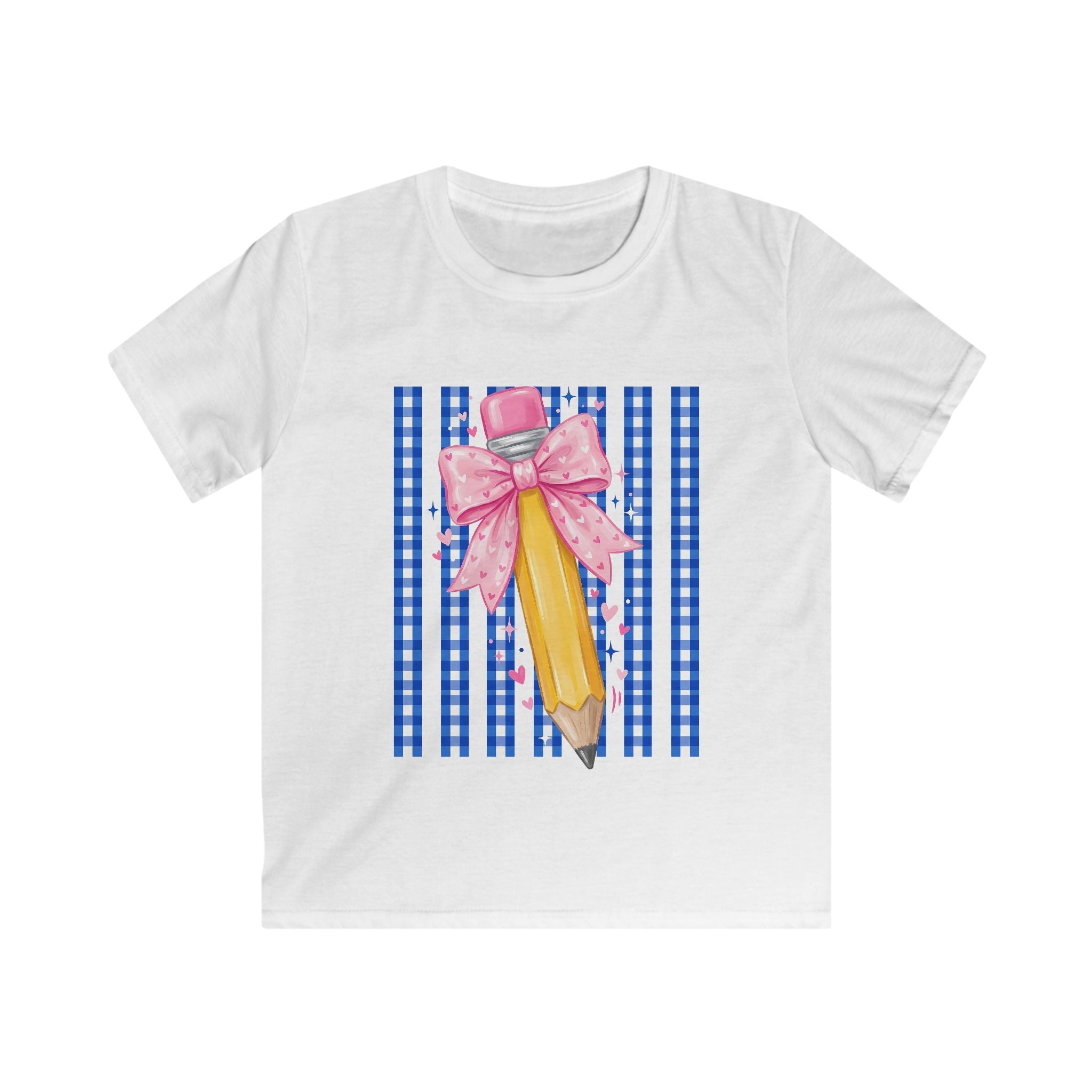 Kids Tee — Yellow Pencil with Pink Bow on Blue Gingham Back-to-School Shirt