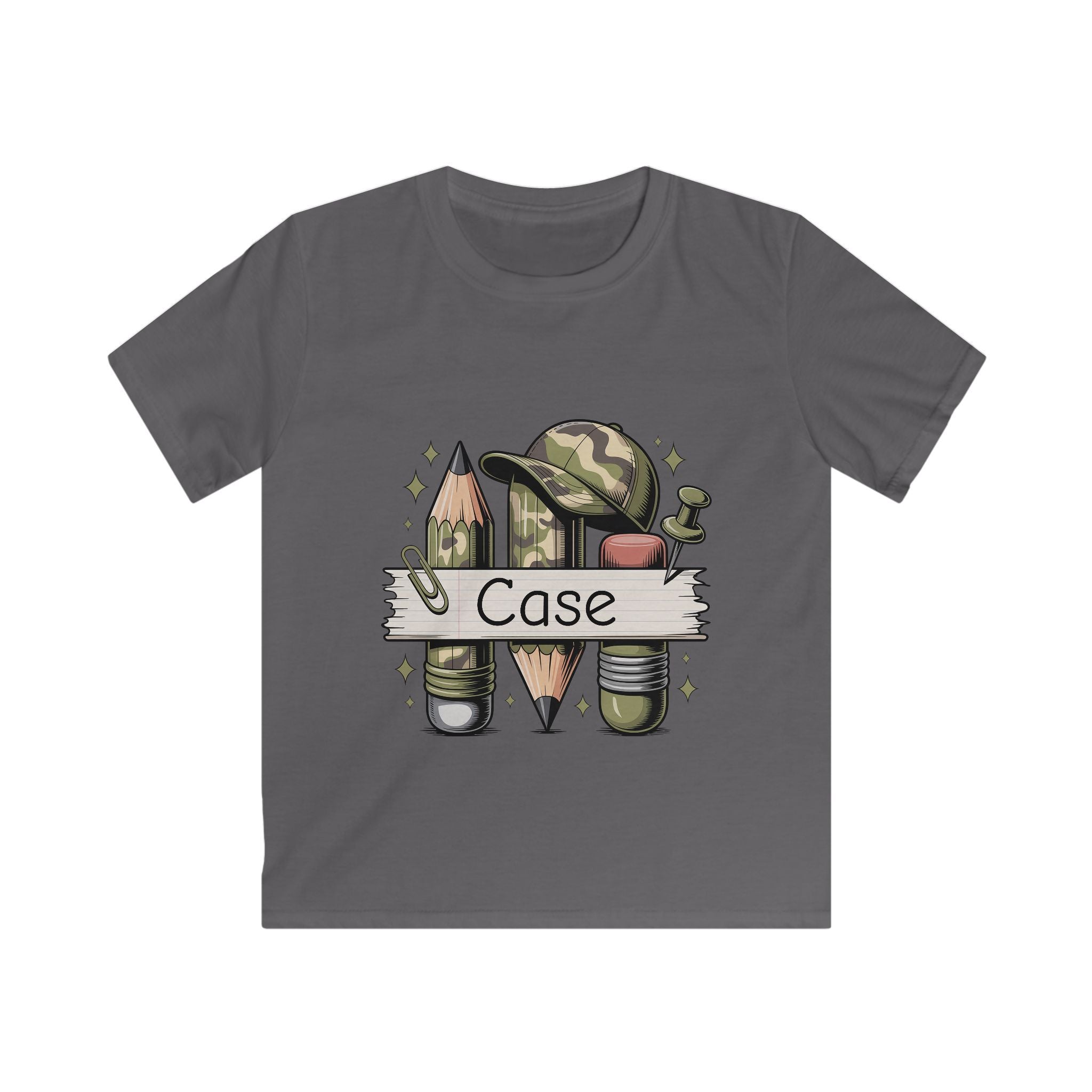 Kids Tee — Personalized Military Camo Pencil Art Shirt (Name: Case)