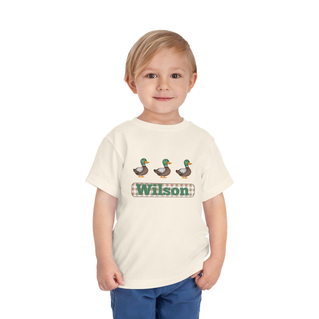 Personalized Toddler Tee - Green Mallard Ducks with Plaid Name (Wilson)