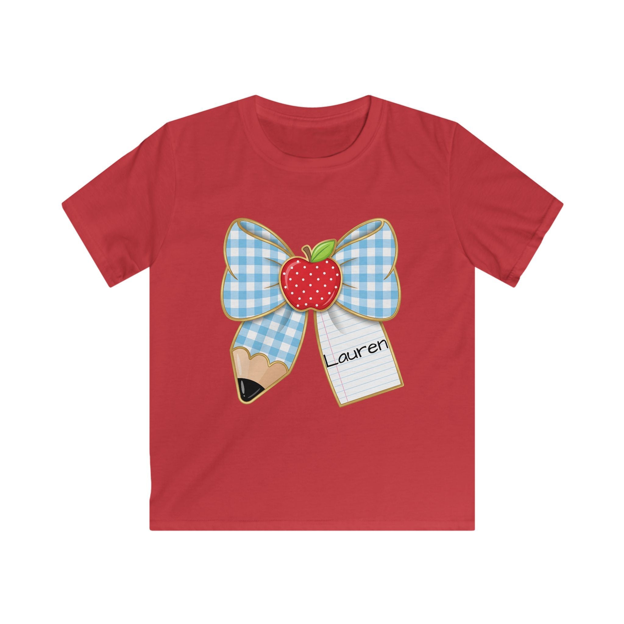 Personalized Kids Tee — Blue Gingham Bow, Apple & Pencil School Name Shirt
