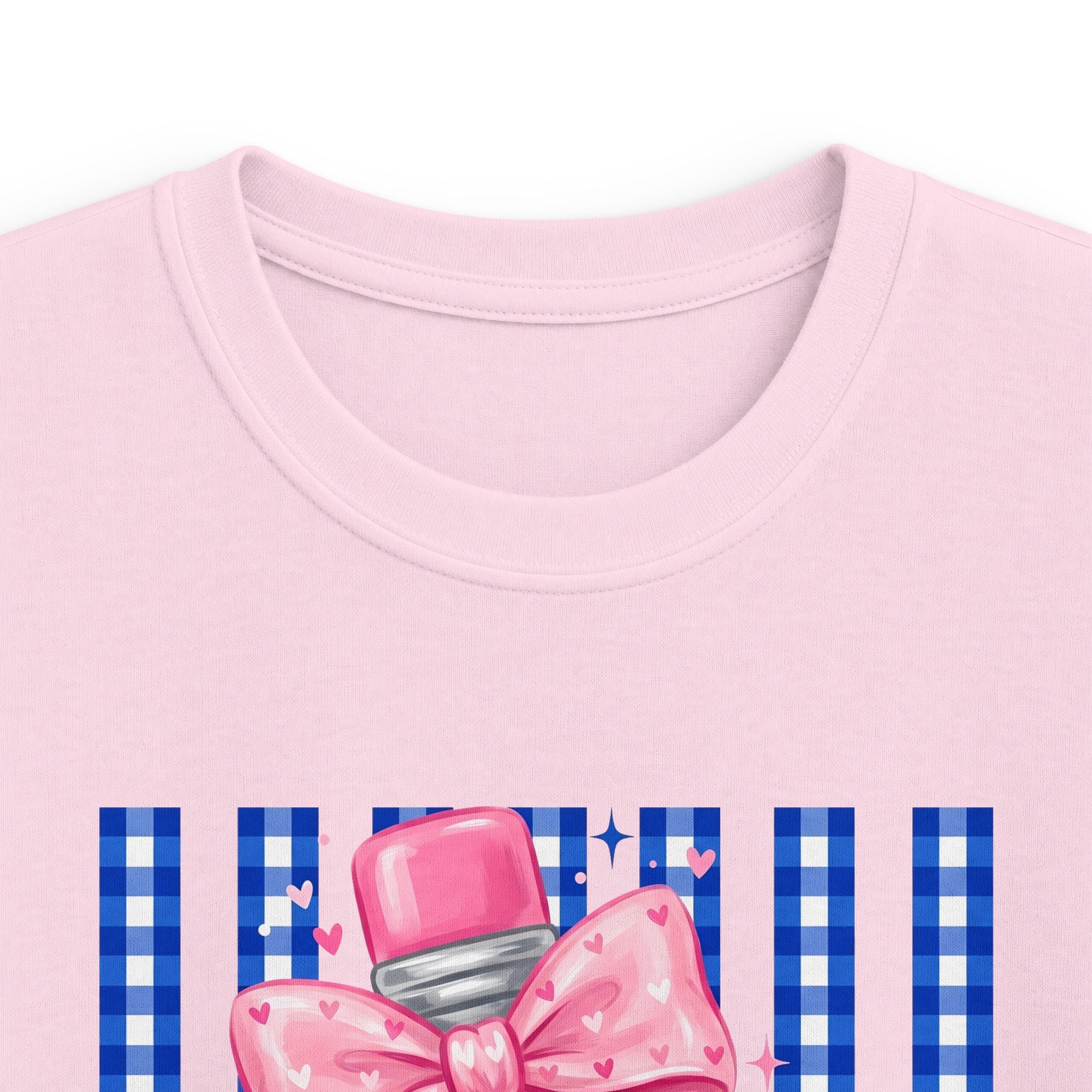 Kids Tee — Yellow Pencil with Pink Bow on Blue Gingham Back-to-School Shirt