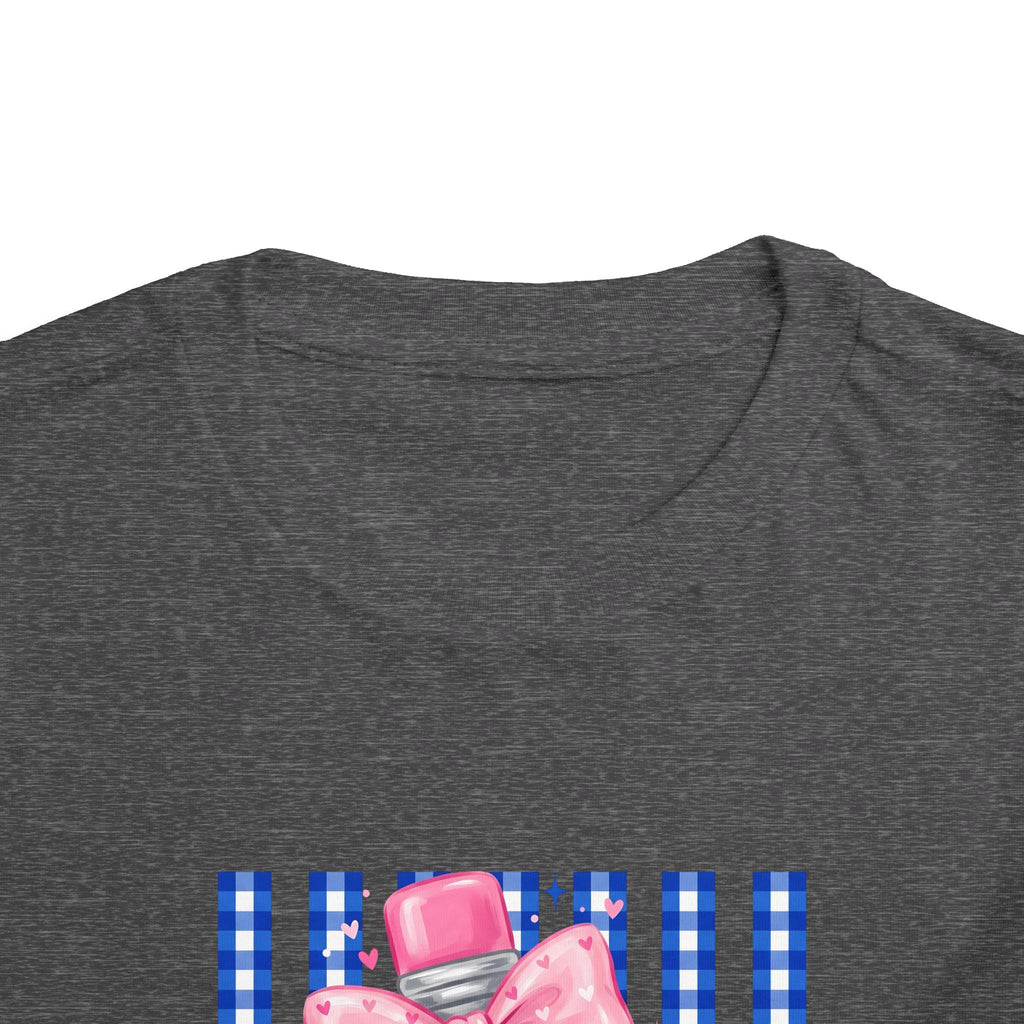 Toddler Tee — Pink Bow Pencil on Blue Striped Background