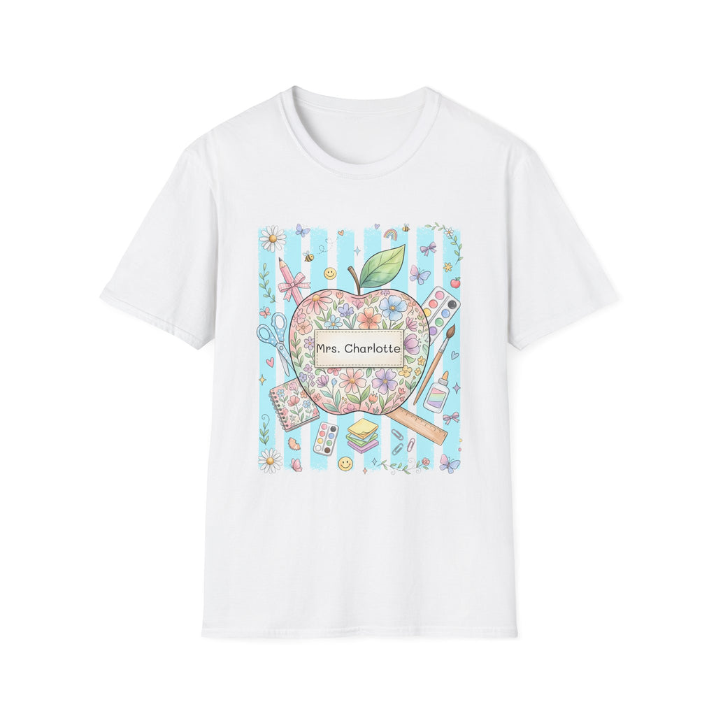 Personalized Teacher T‑Shirt — Floral Apple 'Mrs. Charlotte' Design