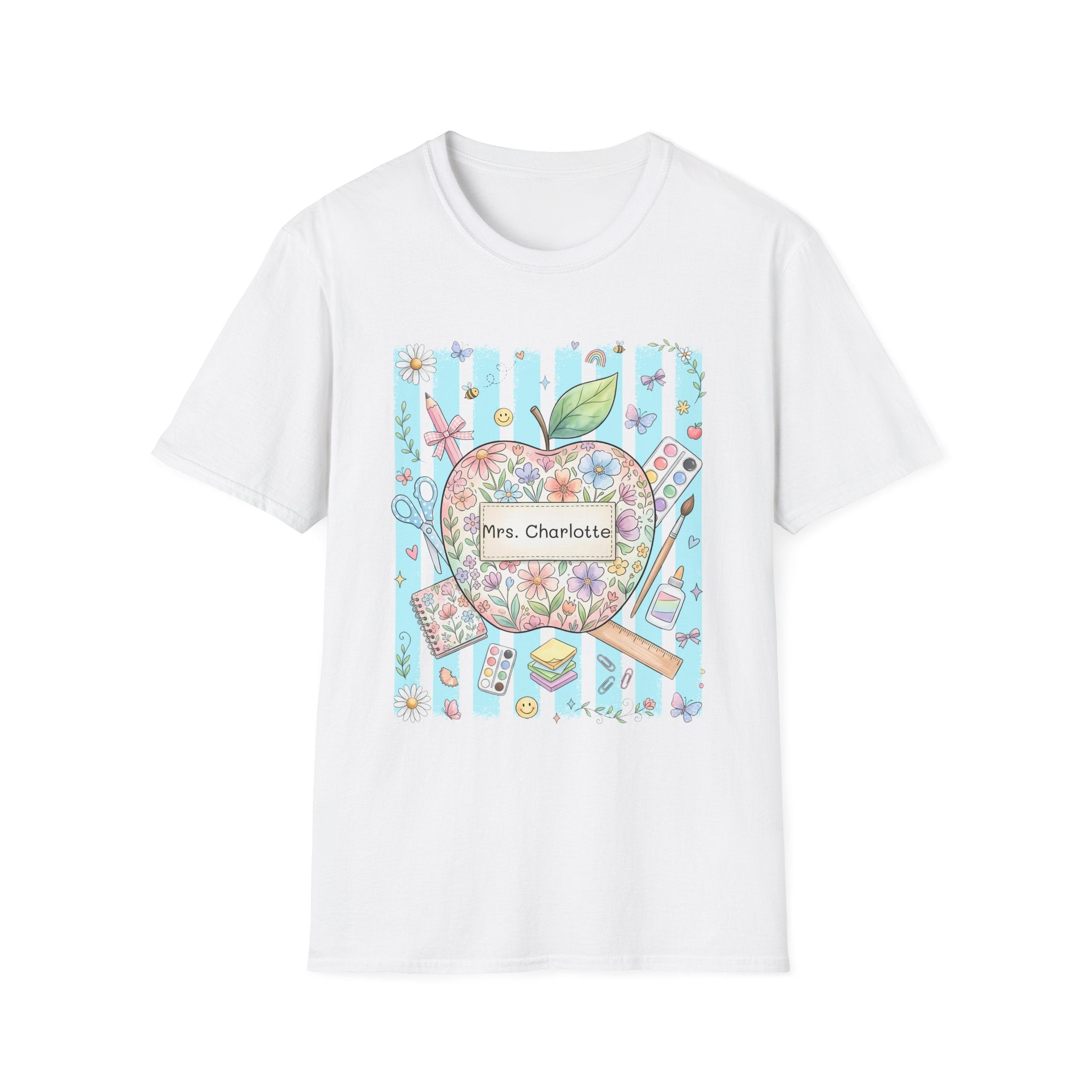 Personalized Teacher T‑Shirt — Floral Apple 'Mrs. Charlotte' Design