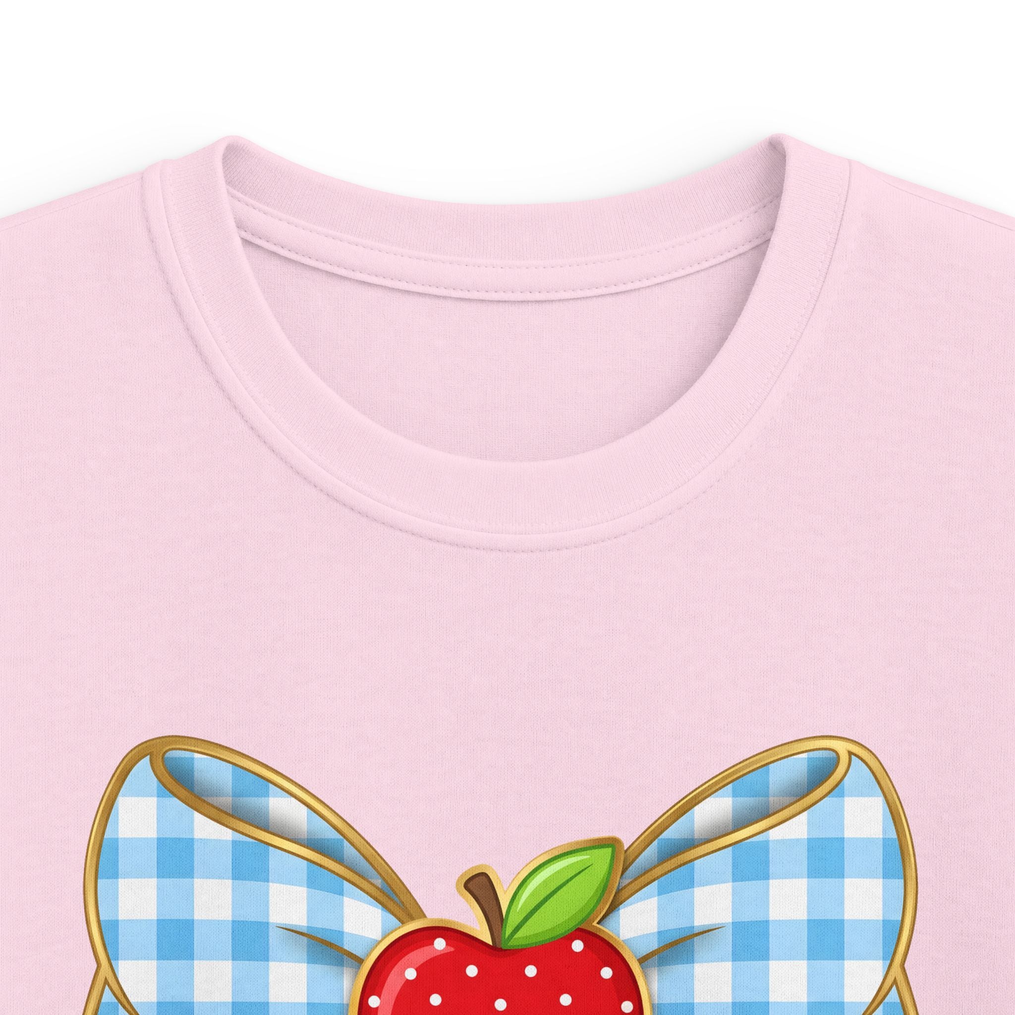 Personalized Kids Tee — Blue Gingham Bow, Apple & Pencil School Name Shirt