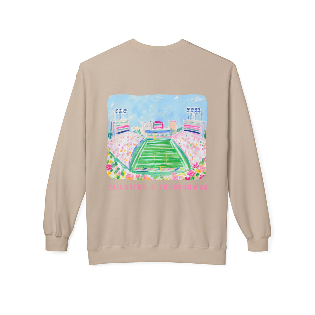 Football Stadium Crewneck Sweatshirt — 'Tailgates & Touchdowns' Graphic