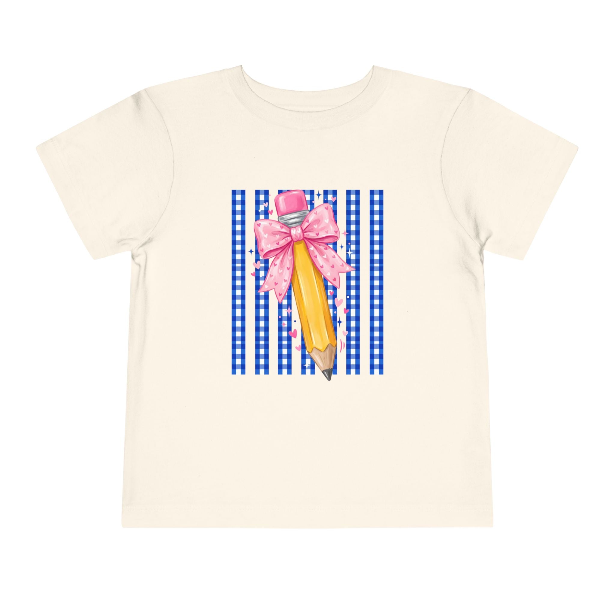 Toddler Tee — Pink Bow Pencil on Blue Striped Background