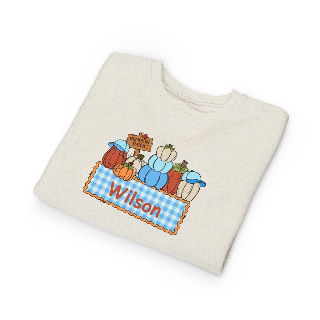 Personalized Toddler Sweatshirt — Fall Pumpkin Gingham Name Plaque