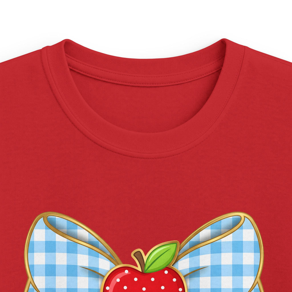 Personalized Kids Tee — Blue Gingham Bow, Apple & Pencil School Name Shirt