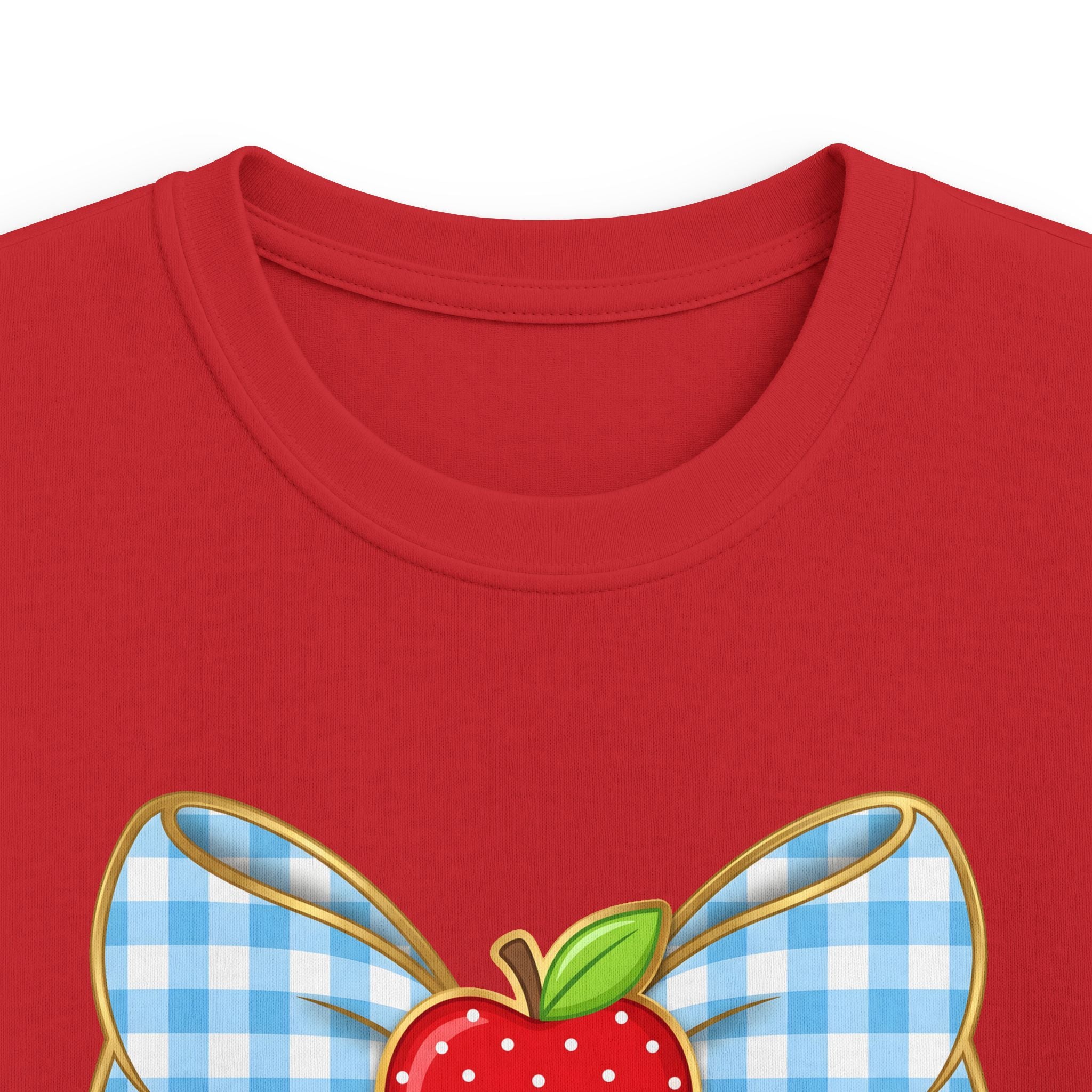 Personalized Kids Tee — Blue Gingham Bow, Apple & Pencil School Name Shirt