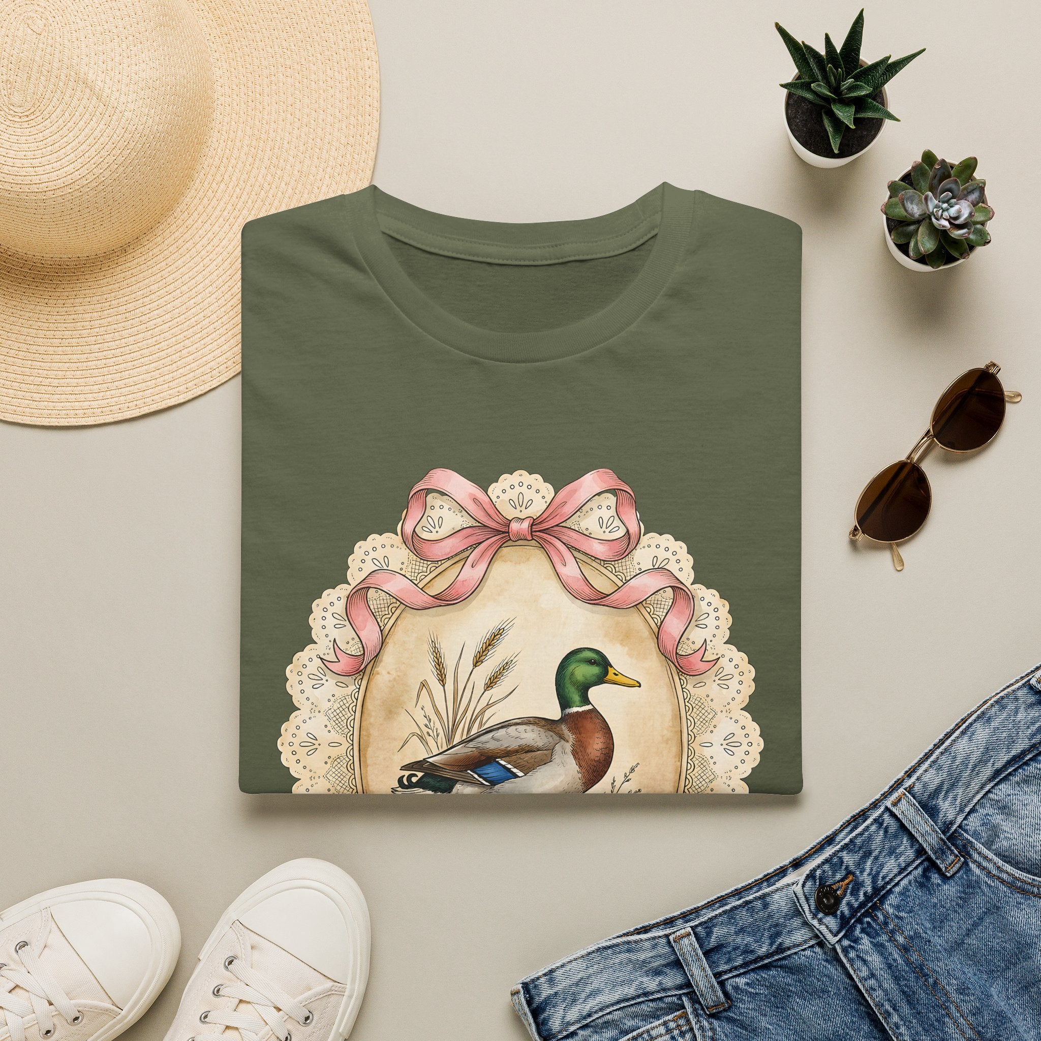 Mallard Duck Vintage Portrait T-Shirt — Pink Bow Cottagecore Tee