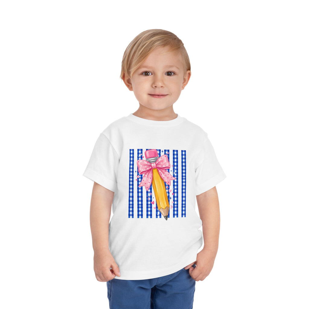 Toddler Tee — Pink Bow Pencil on Blue Striped Background