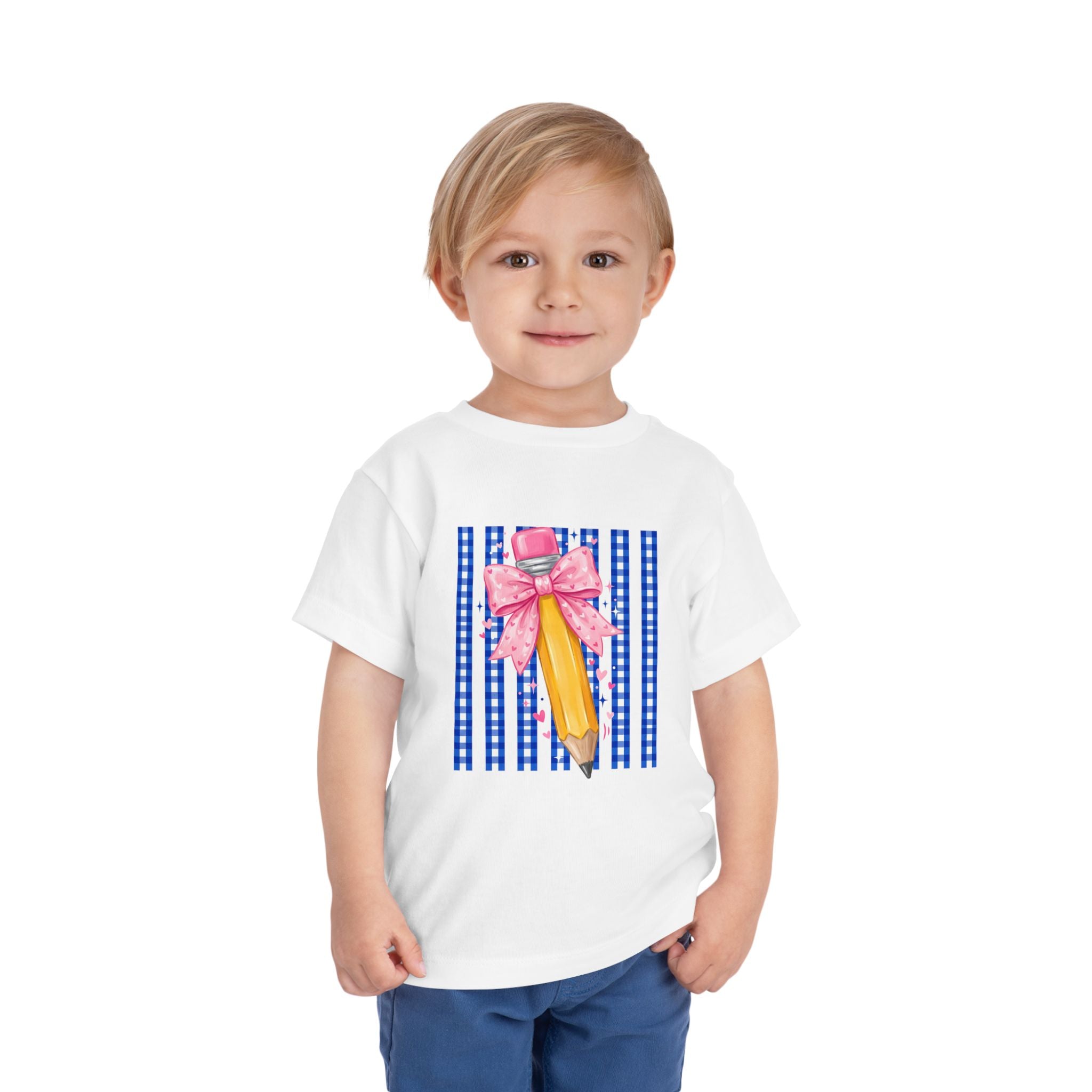 Toddler Tee — Pink Bow Pencil on Blue Striped Background
