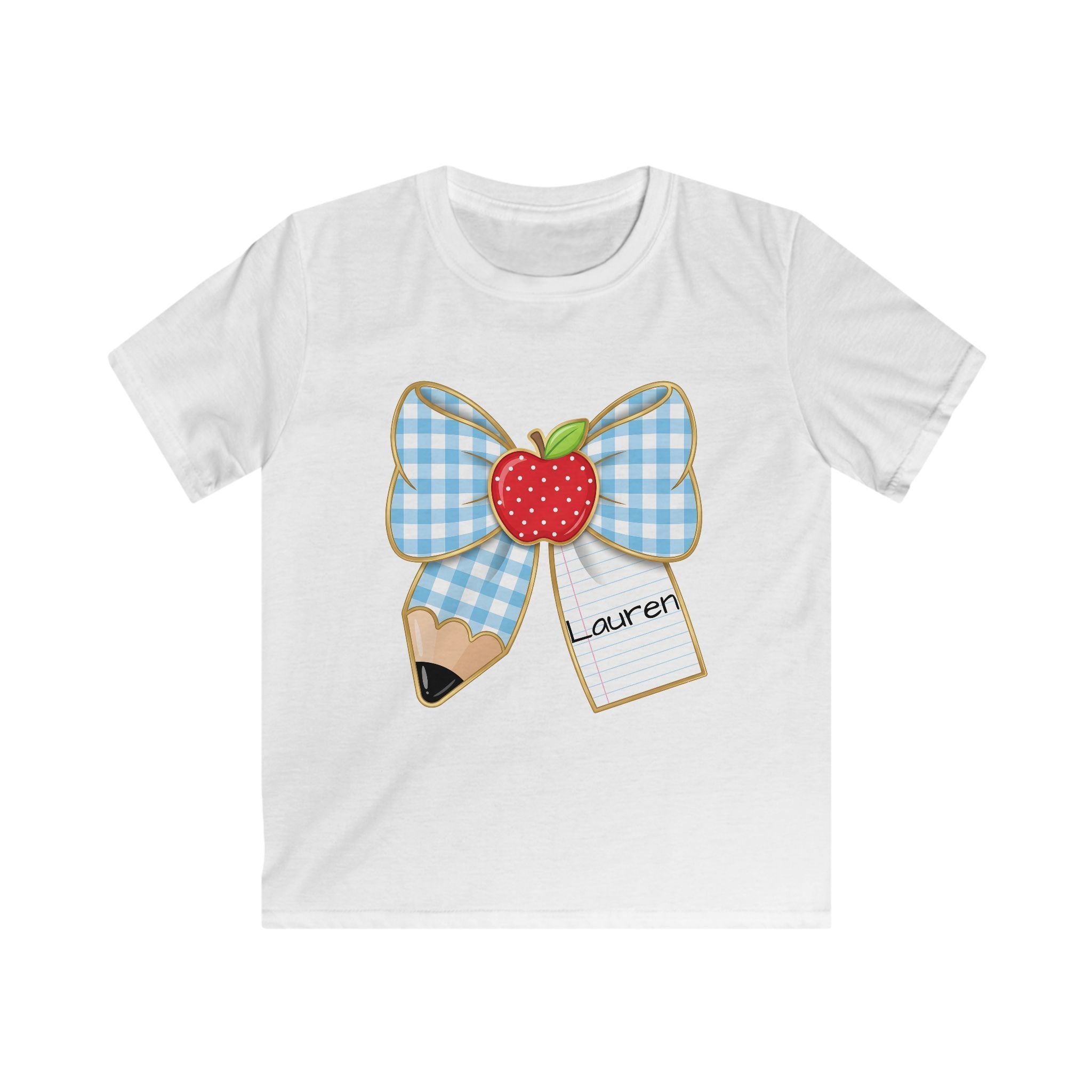 Personalized Kids Tee — Blue Gingham Bow, Apple & Pencil School Name Shirt