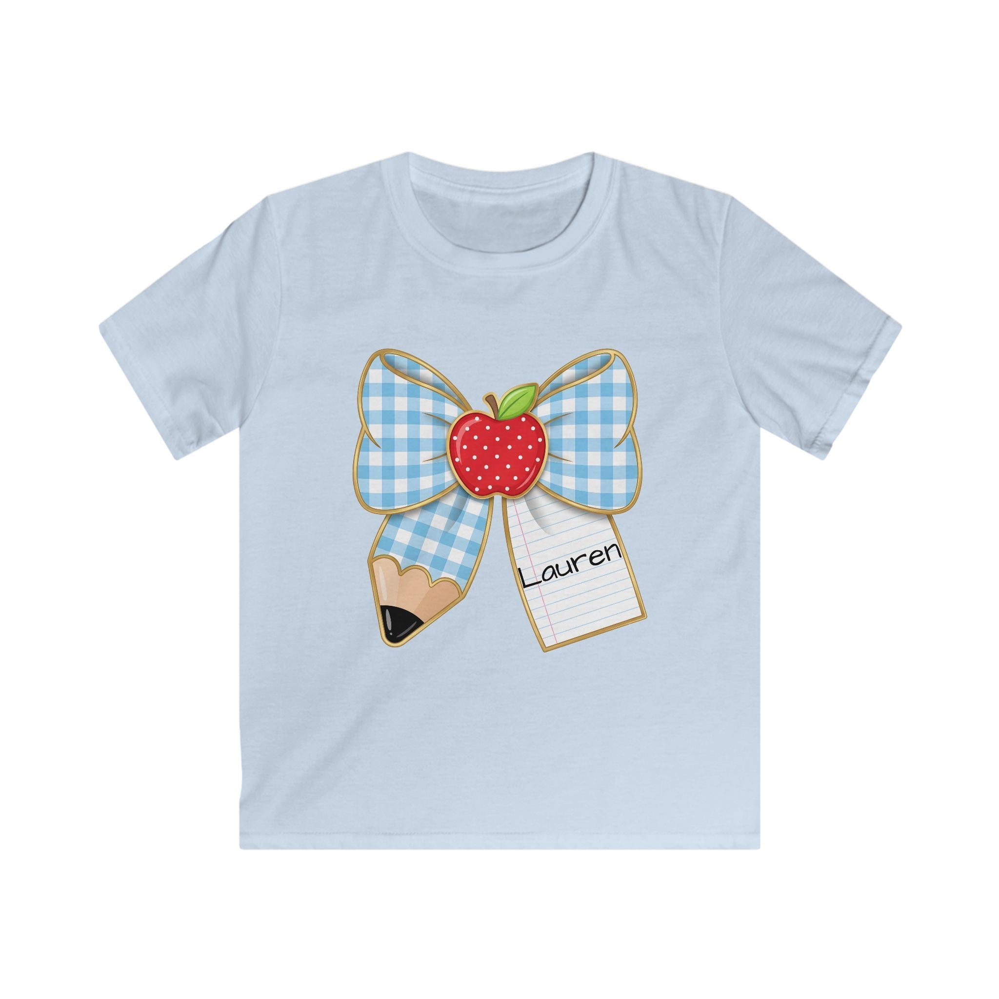 Personalized Kids Tee — Blue Gingham Bow, Apple & Pencil School Name Shirt